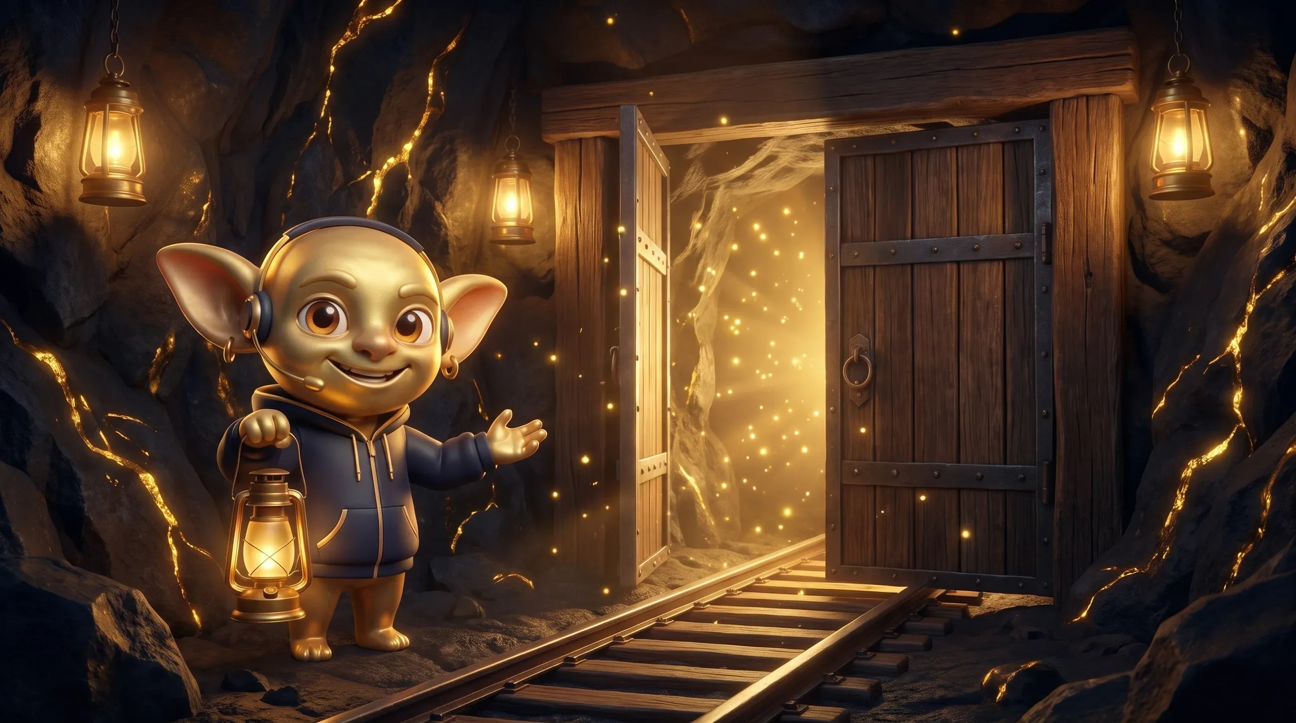 Ein Golden Goblin mit Laterne lädt in einen neuen, achten Stollen ein