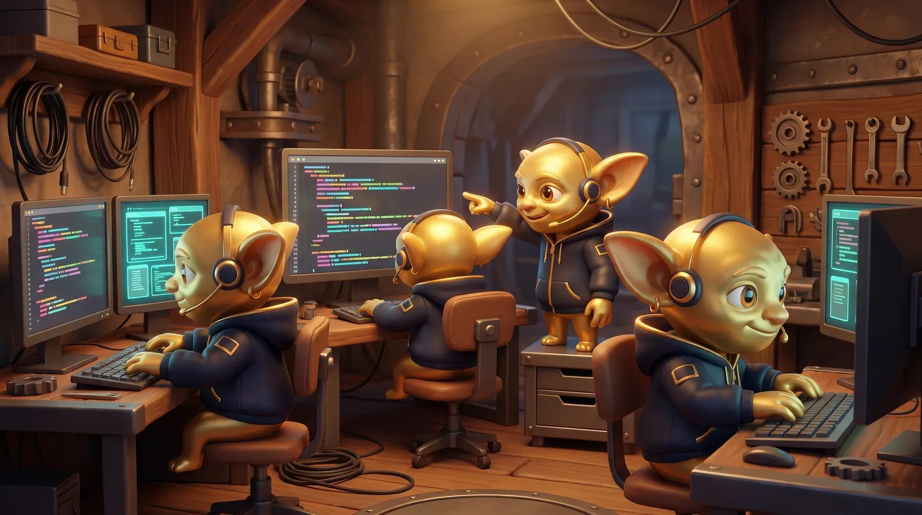 Golden Goblins programmieren gemeinsam an leuchtenden Bildschirmen