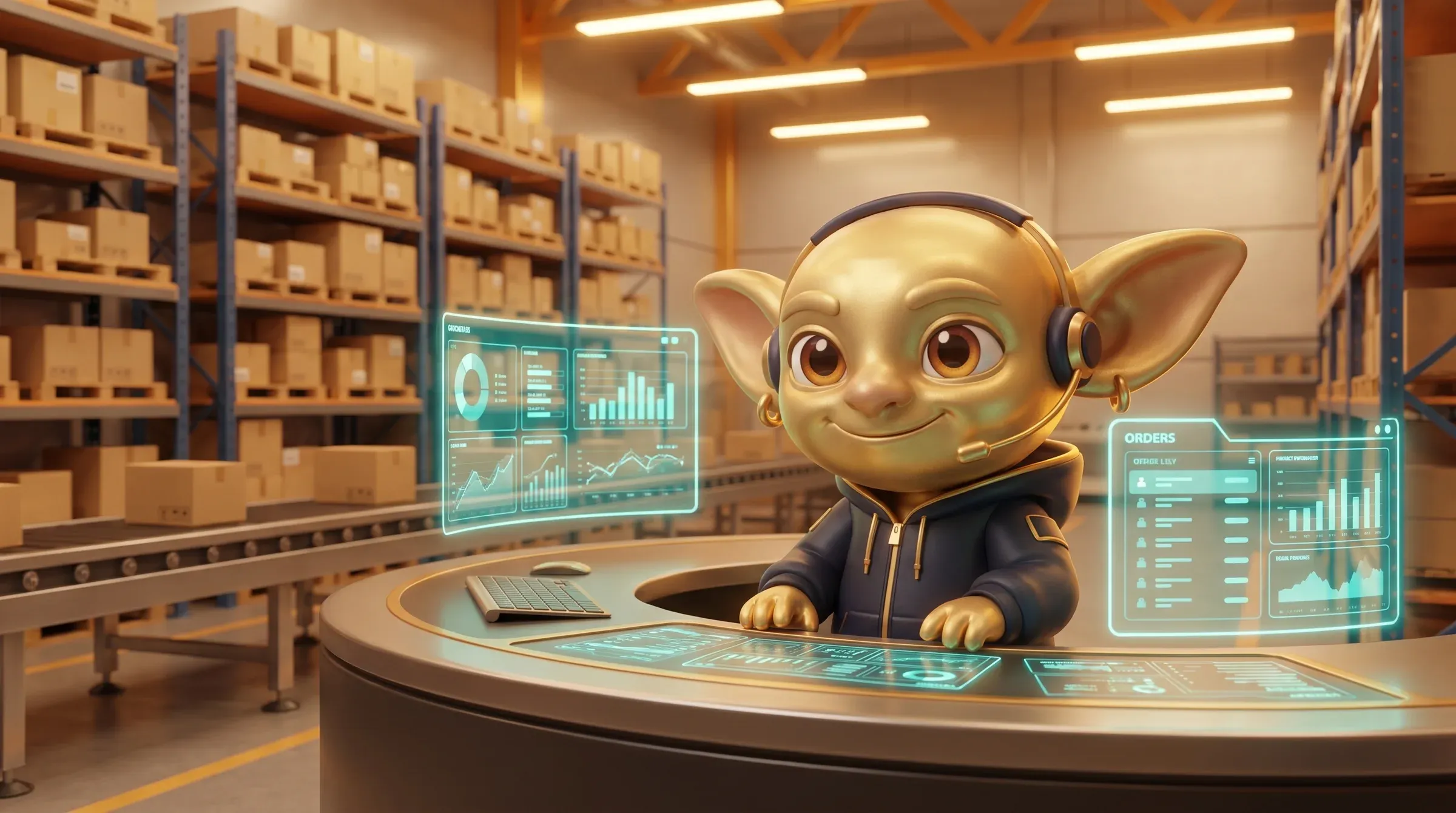 Ein Goblin steht an einem Leitstand mit türkis leuchtenden Dashboards inmitten eines Lagers