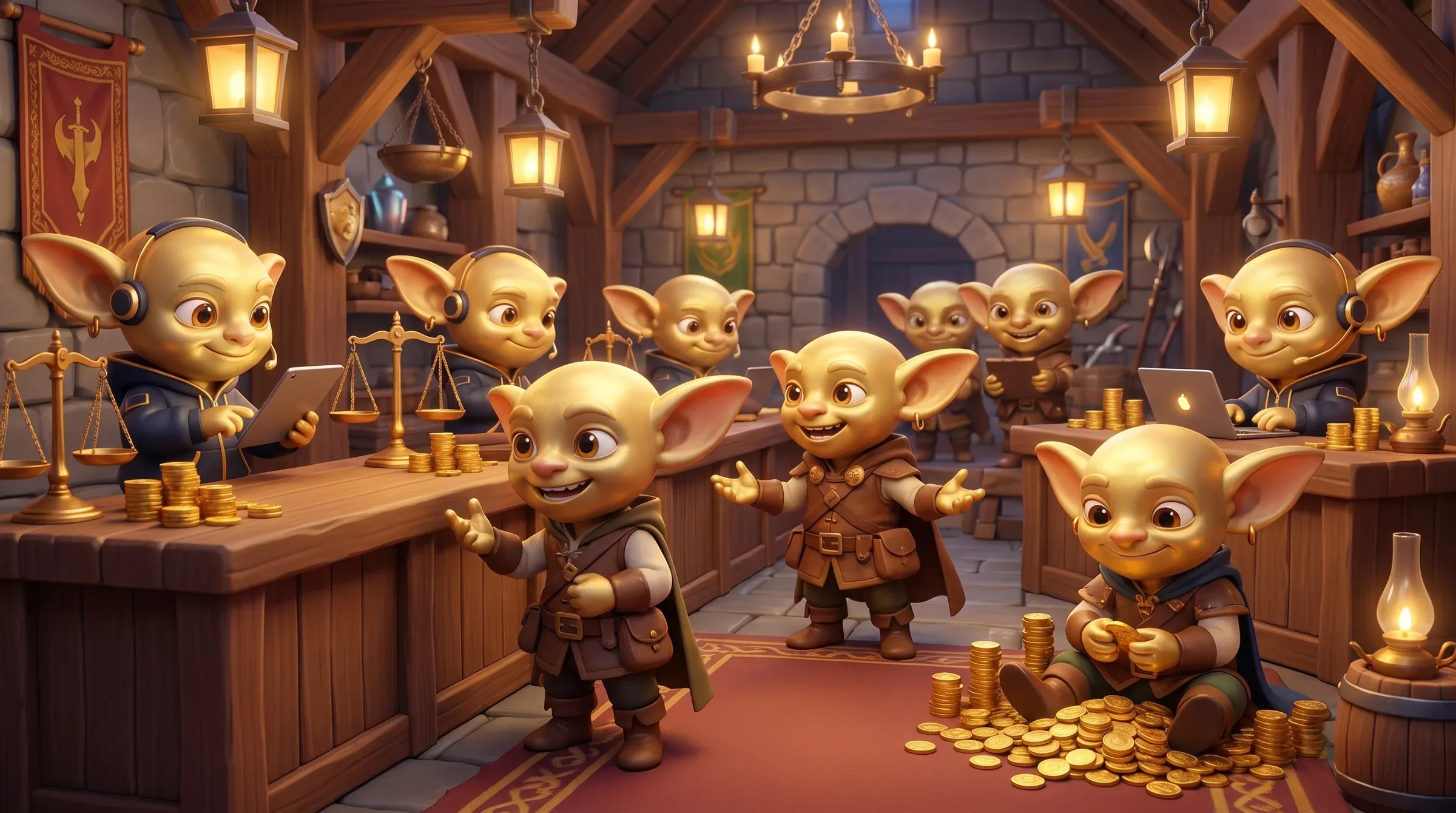 Golden Goblins handeln in einem Fantasy-Auktionshaus mit Goldmünzen