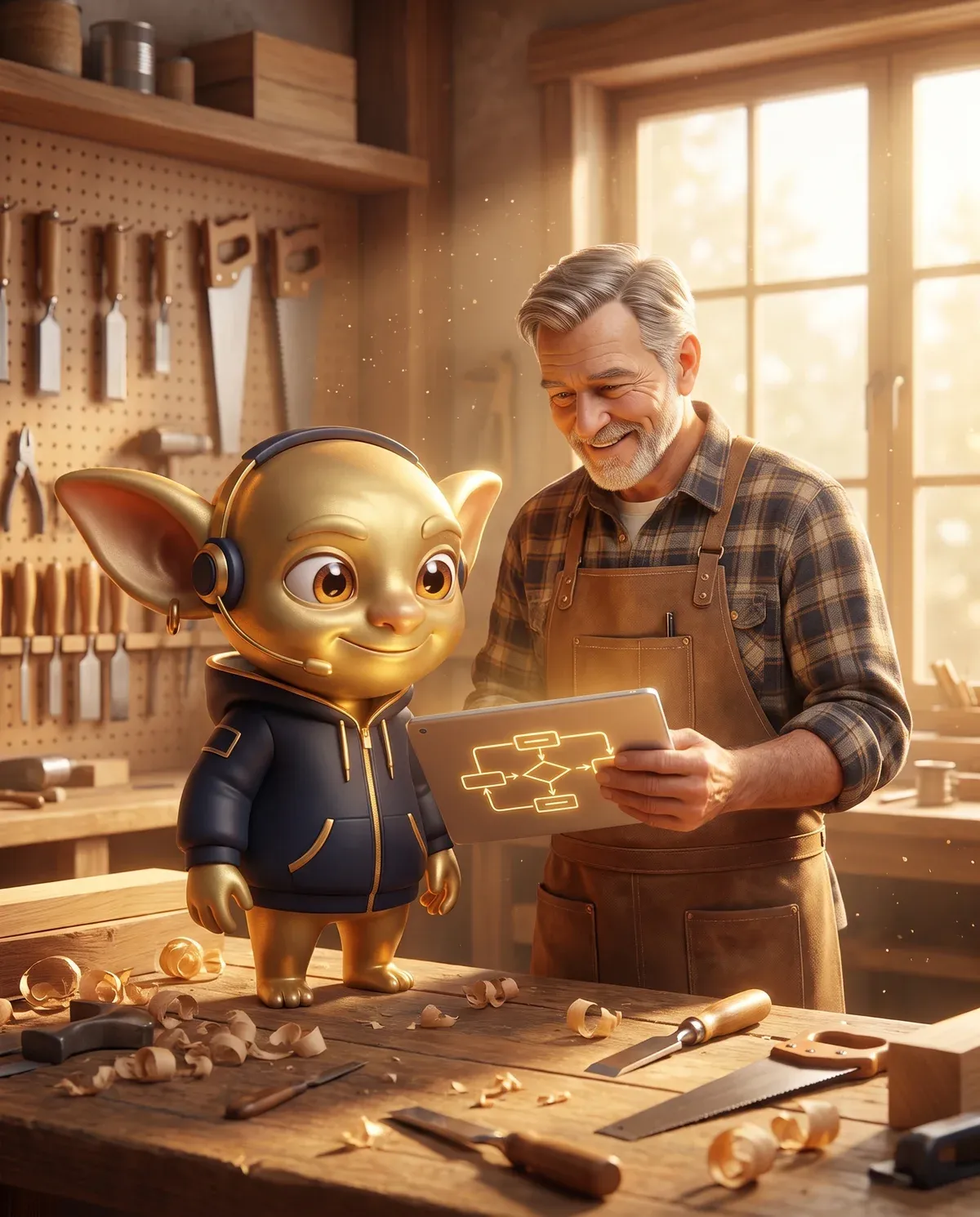 Ein Tischlermeister und ein Golden Goblin schauen in der Werkstatt gemeinsam auf ein Tablet