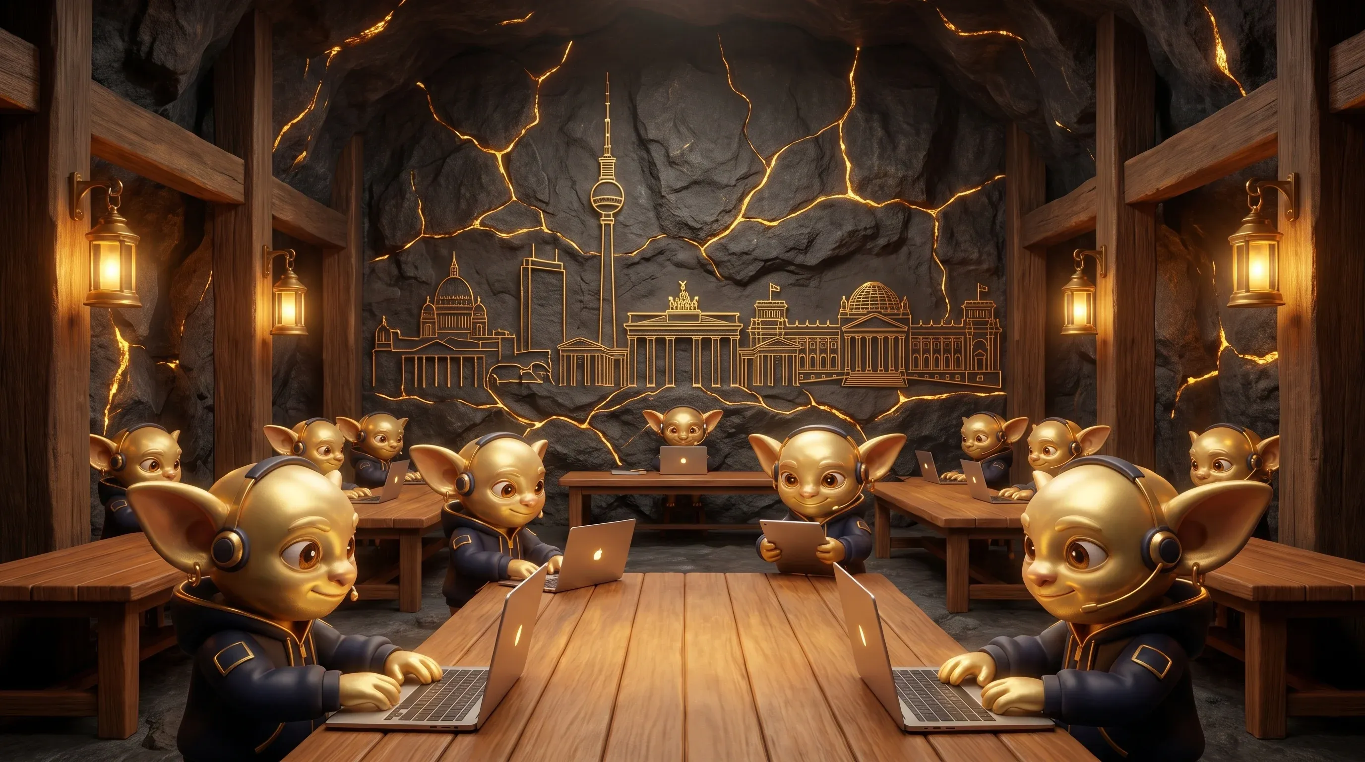 Golden Goblins arbeiten in einer Büro-Halle unter Tage, an der Felswand die Berliner Skyline in Gold