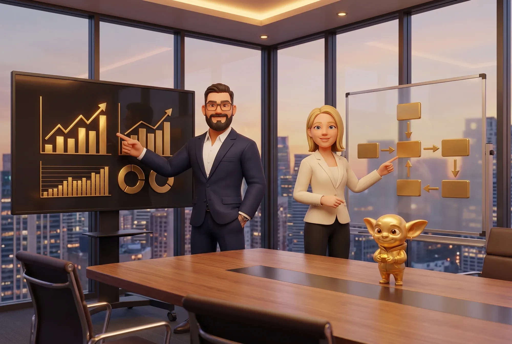 Denis M. Klug präsentiert im Boardroom goldene Kennzahlen, Belinda Gereke erklärt an einer Glastafel einen Prozessablauf; auf dem Tisch steht ein kleiner Golden Goblin