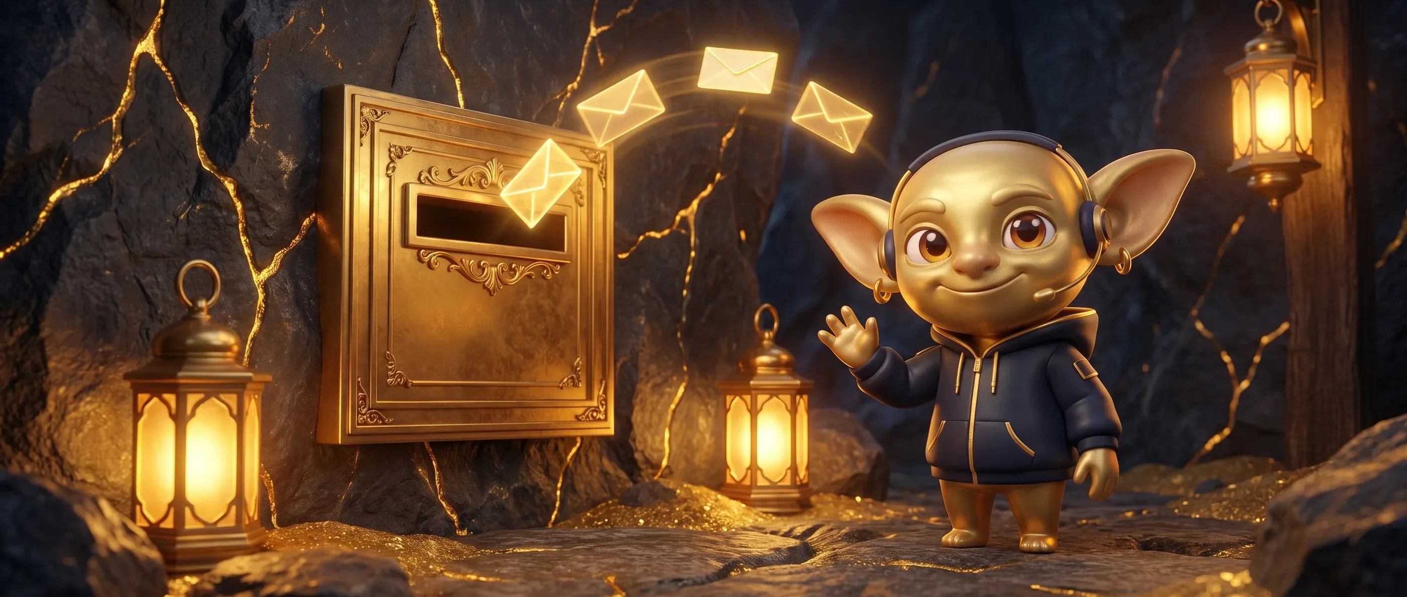 Ein Golden Goblin winkt neben einem Messing-Briefkasten, in den leuchtende Briefe fliegen