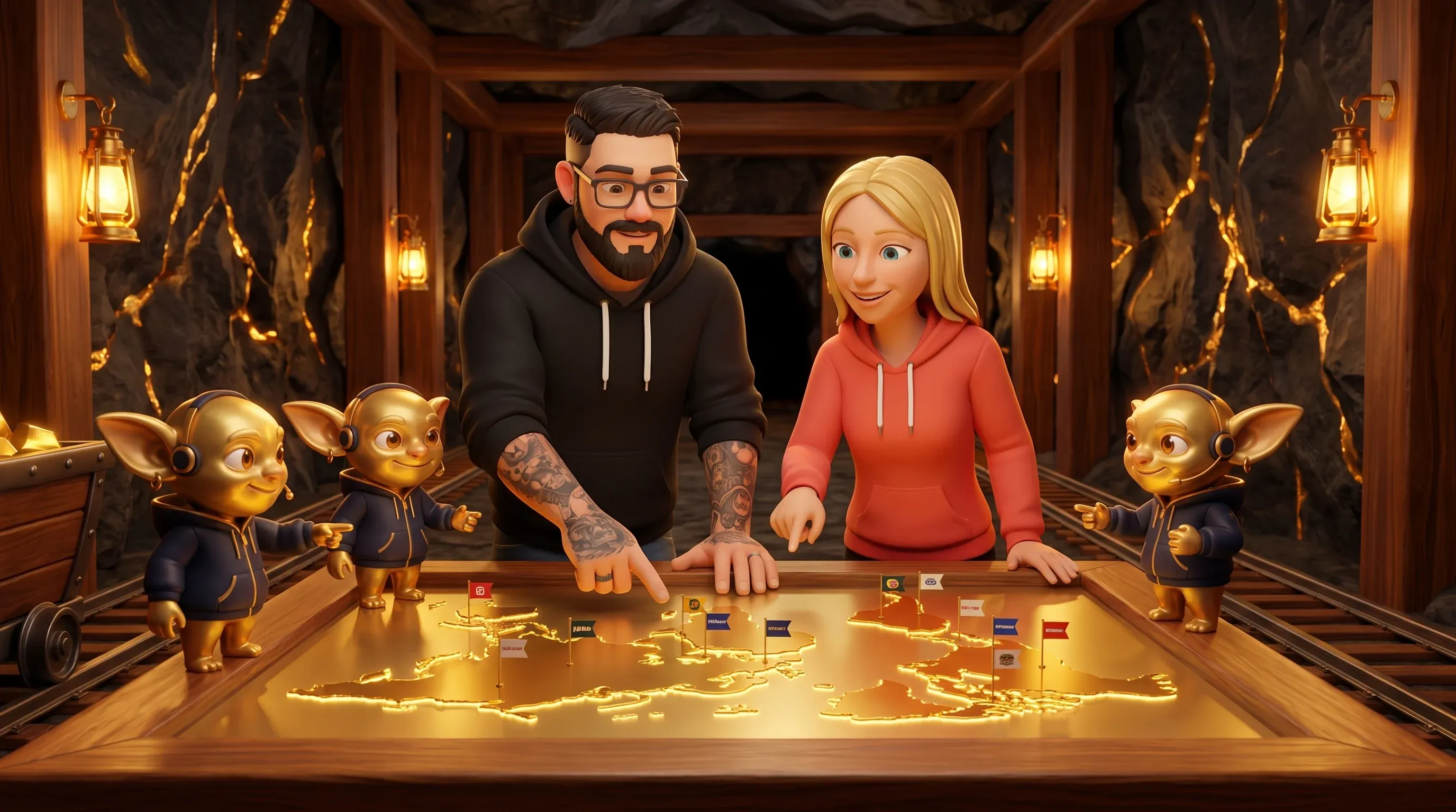 Denis M. Klug und Belinda Gereke beugen sich mit Golden Goblins über eine leuchtende Karte