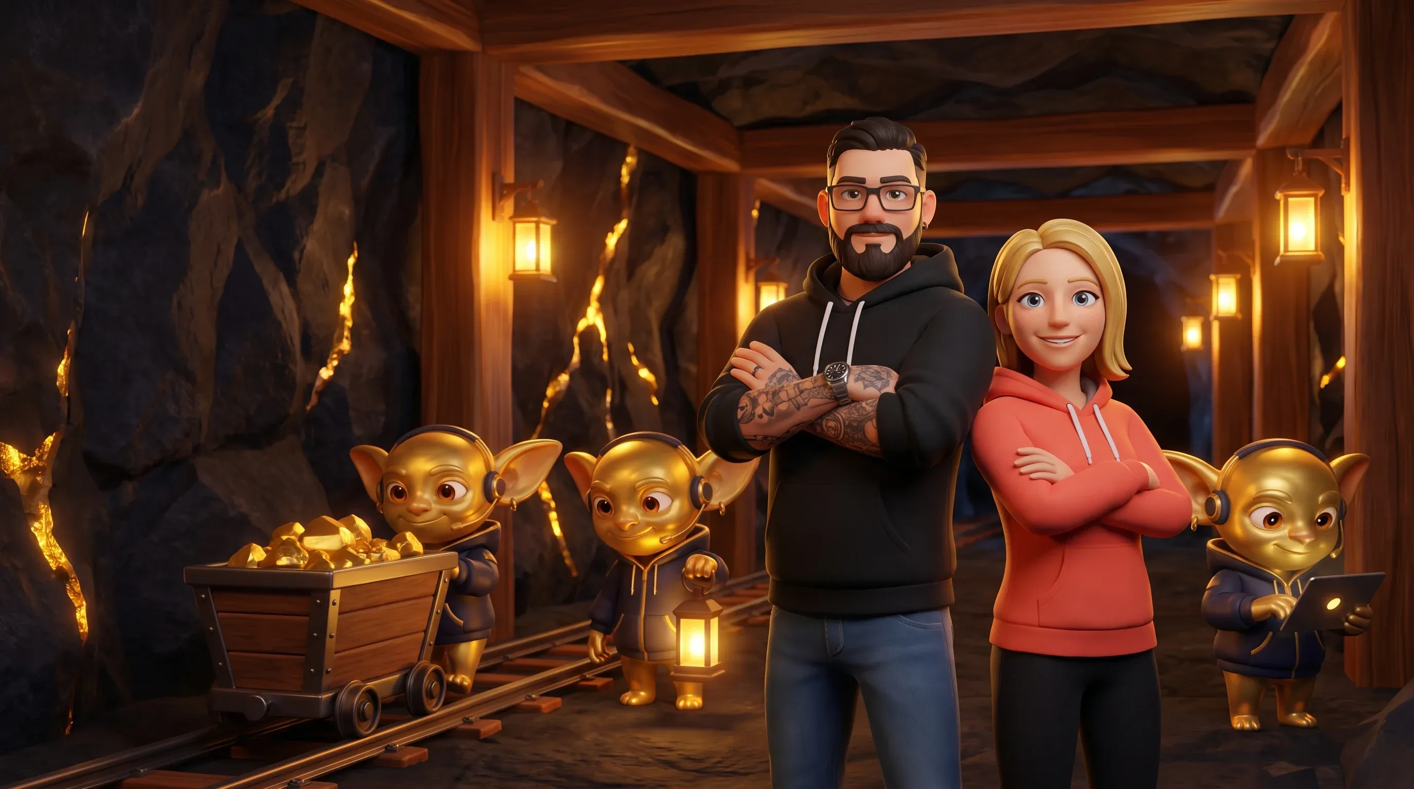 Denis M. Klug und Belinda Gereke als 3D-Figuren in der Goldmine, umgeben von Golden Goblins