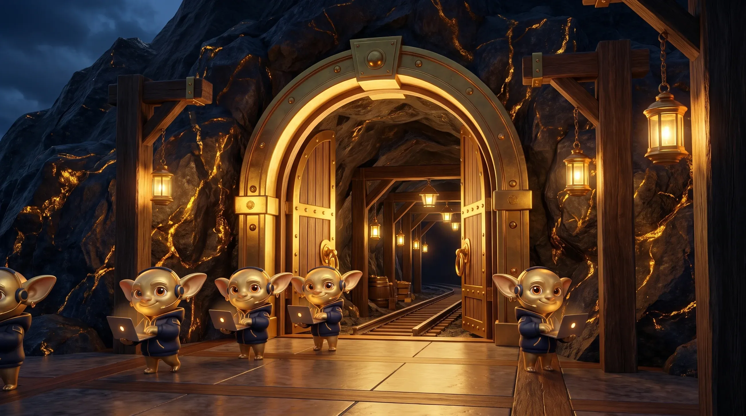 Golden Goblins gehen in den beleuchteten Eingang der Goldmine