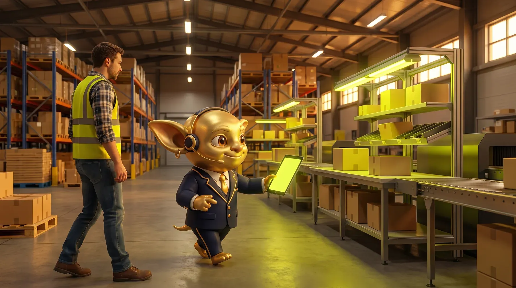 Ein Golden Goblin im Anzug bespricht mit einem Lagerleiter die Packstation