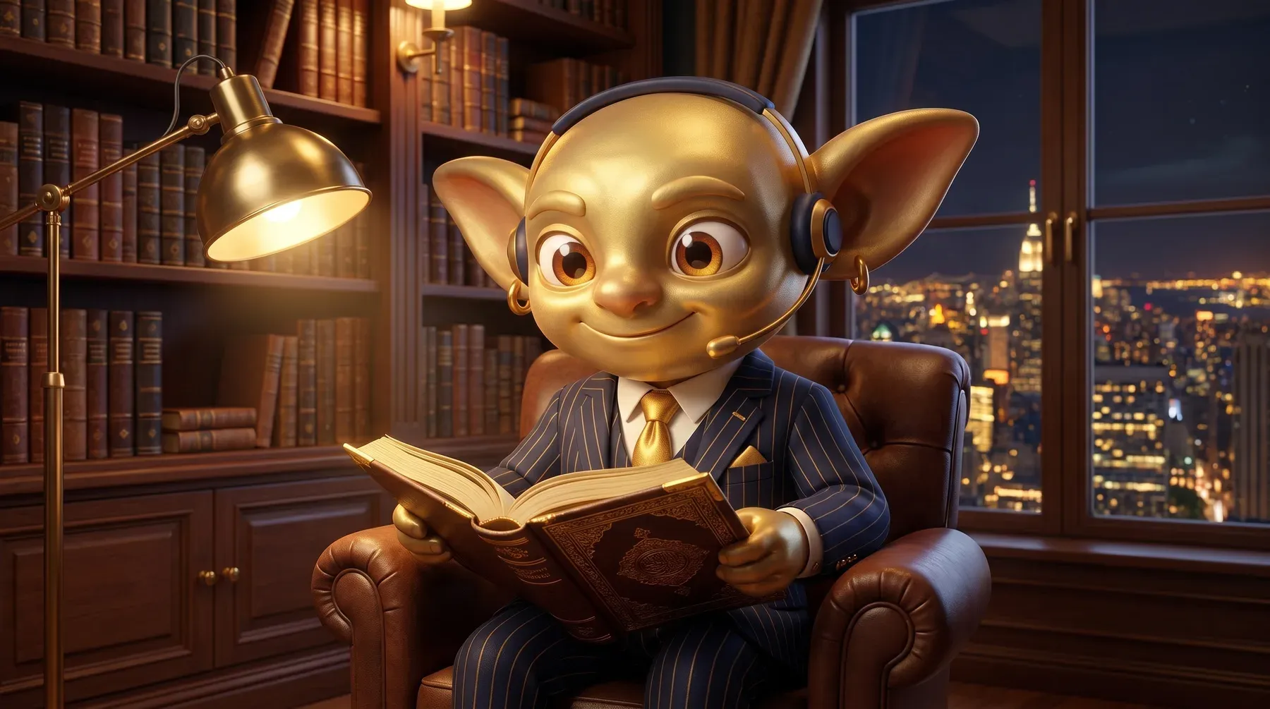 Ein Golden Goblin liest abends in einem dicken goldenen Buch