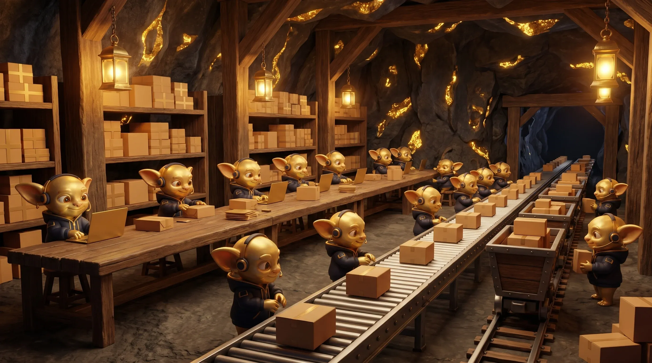 Golden Goblins packen Pakete in einem Lager unter Tage