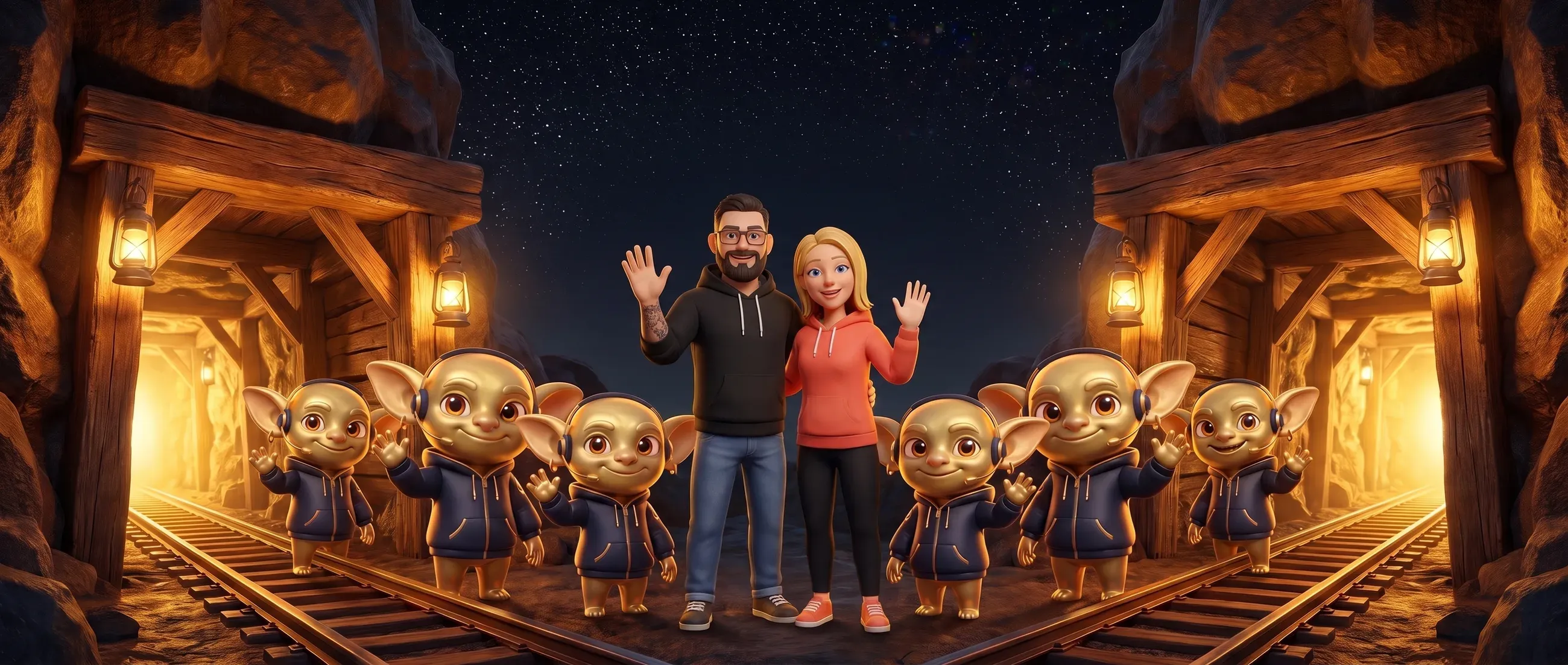 Denis M. Klug und Belinda Gereke winken am beleuchteten Mineneingang zum Abschied, links und rechts von ihnen Golden Goblins