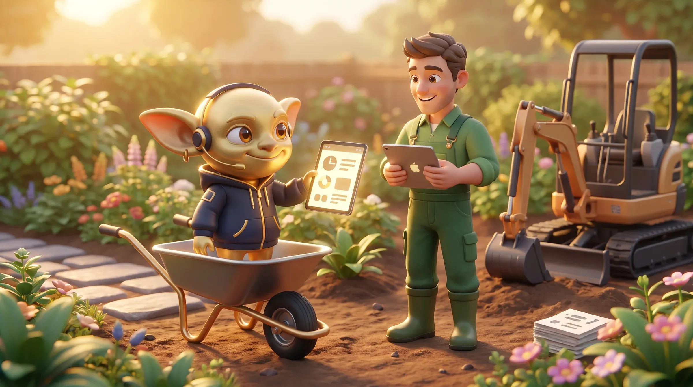 Ein Landschaftsgärtner und ein Golden Goblin auf einer Schubkarre planen am Tablet