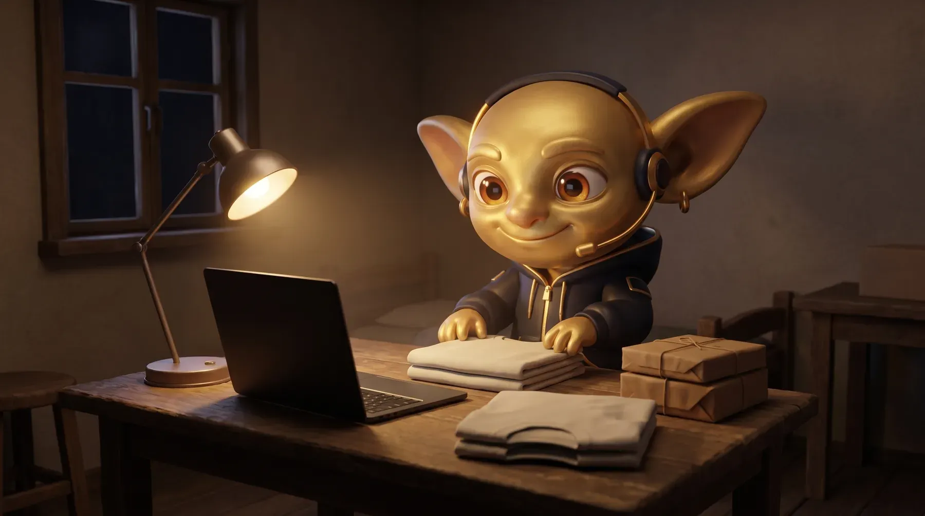 Ein Golden Goblin faltet nachts T-Shirts neben Laptop und Paketen