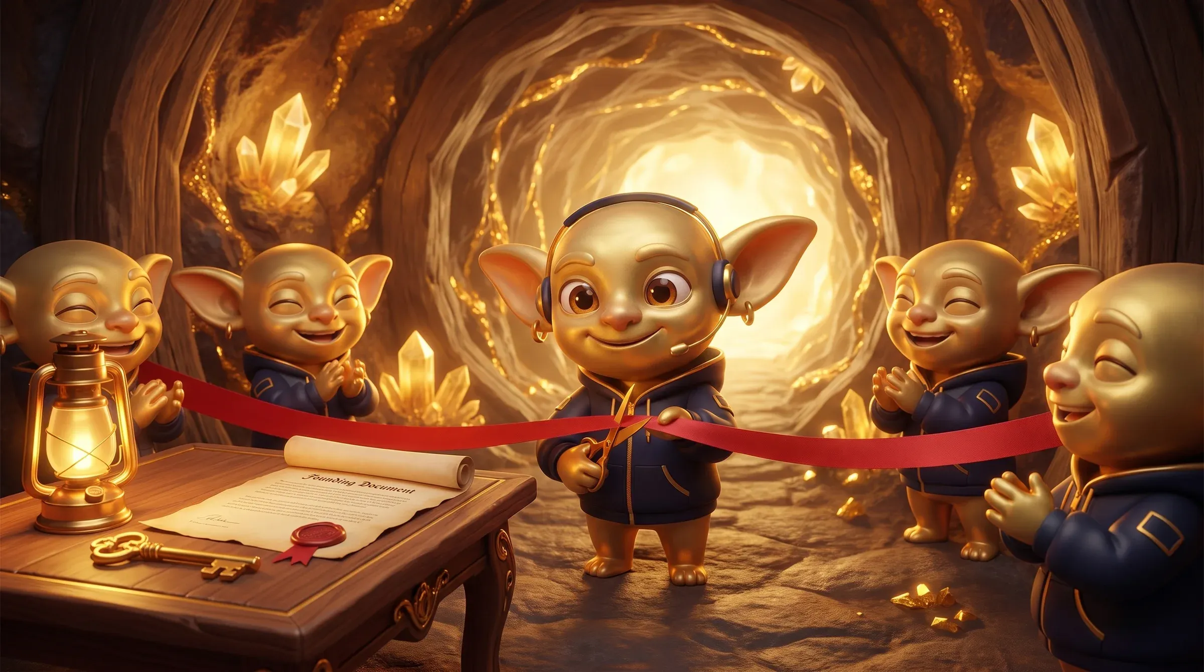 Ein Goblin schneidet ein rotes Band vor einem neuen Stollen durch, daneben eine Gründungsurkunde und ein goldener Schlüssel