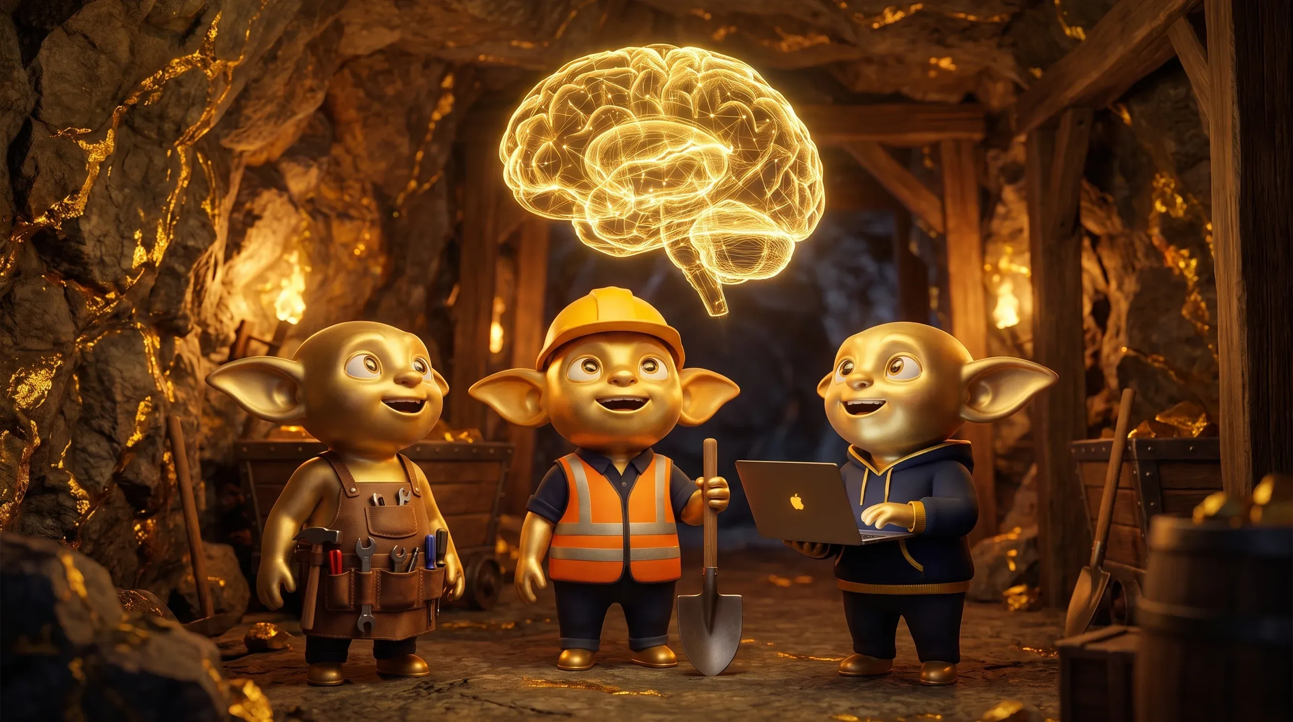 Drei Golden Goblins – Bauarbeiter, ITler und Handwerker – bestaunen gemeinsam ein KI-Hologramm