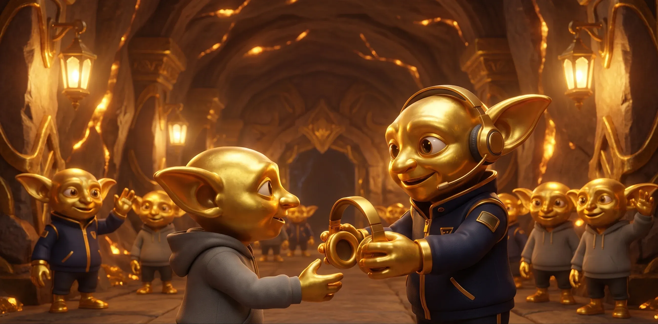 Ein Golden Goblin reicht einem Neuling am Mineneingang ein goldenes Headset