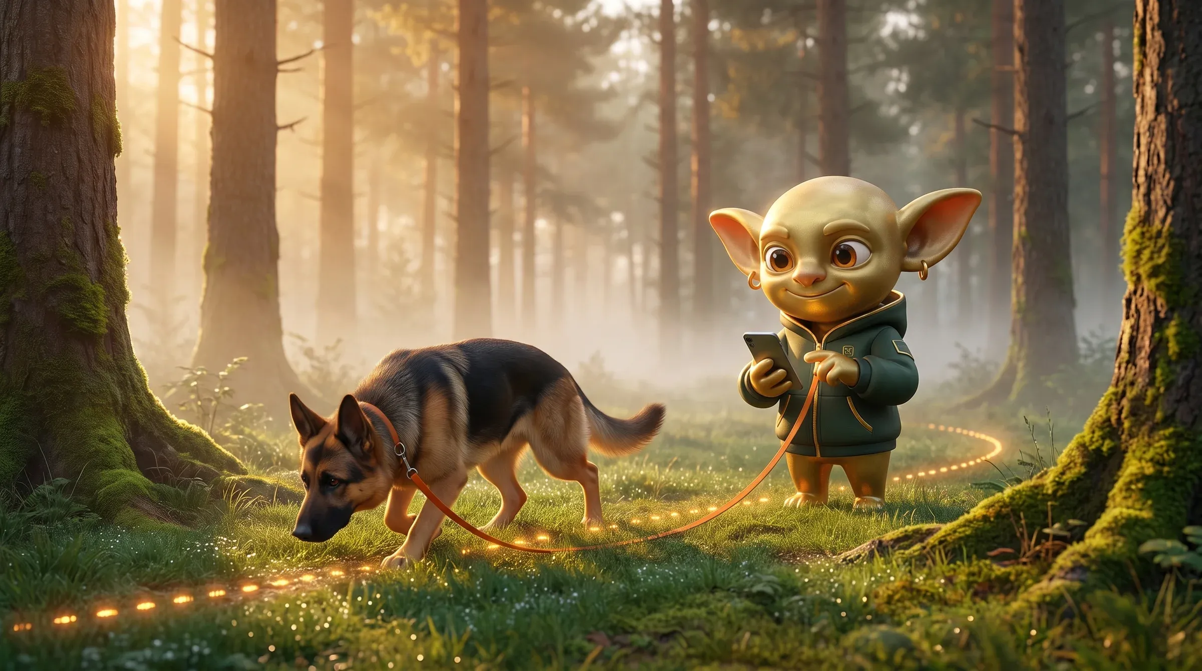 Ein Goblin folgt im Morgennebel einem Schäferhund an der Fährtenleine, in der Hand ein Smartphone, vor ihm eine leuchtende Spur