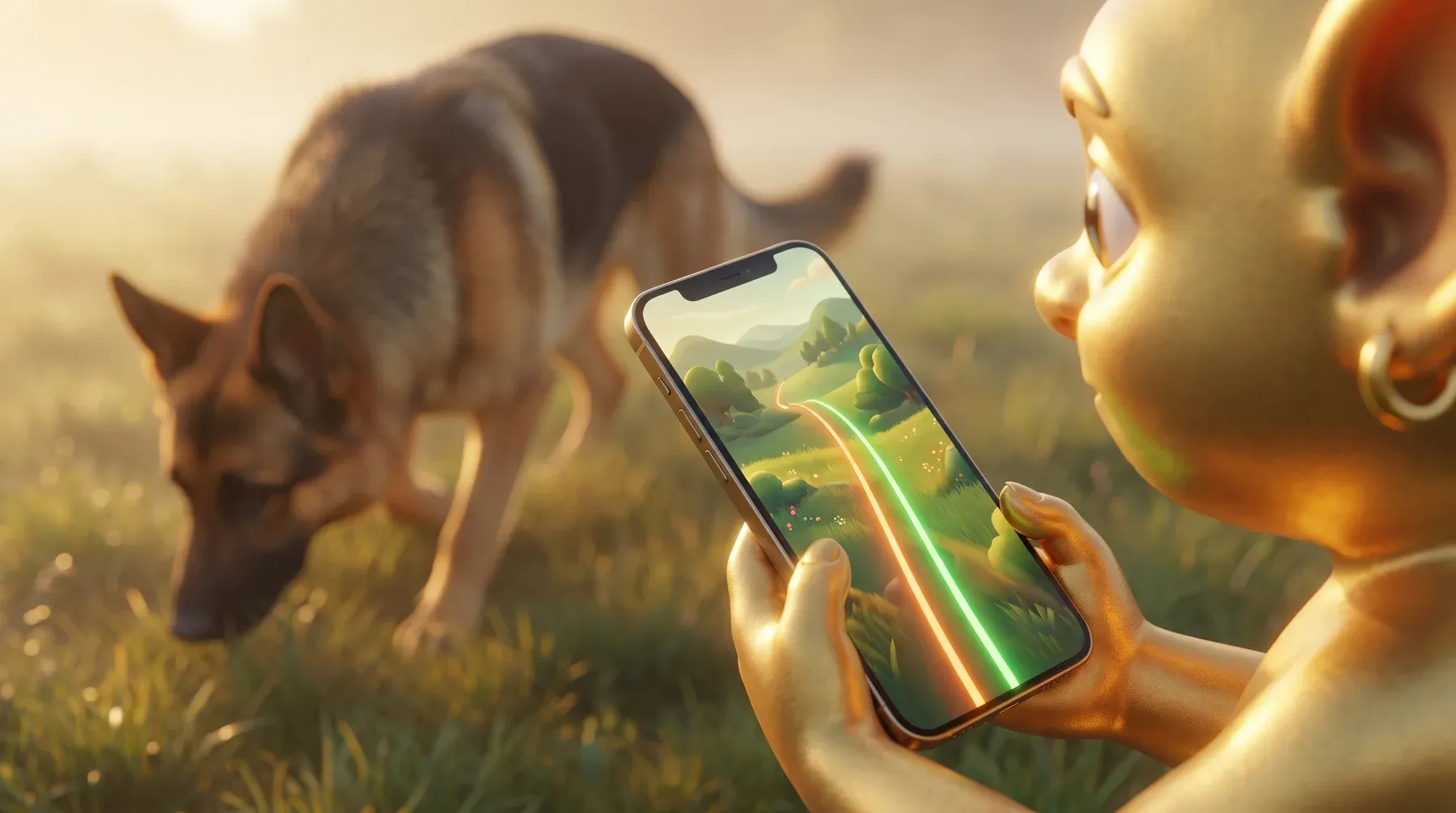 Ein Smartphone zeigt zwei leuchtende Spuren, im Hintergrund sucht ein Schäferhund