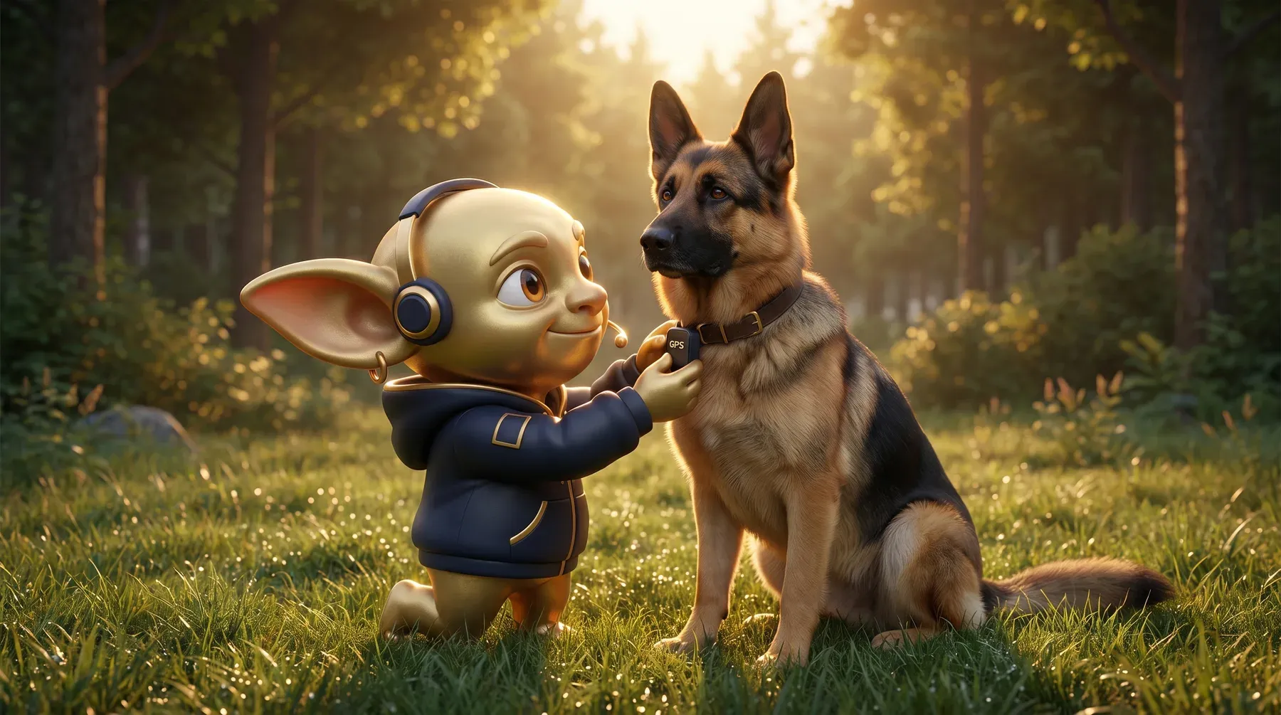 Ein Golden Goblin befestigt einen GPS-Tracker am Halsband eines Schäferhunds