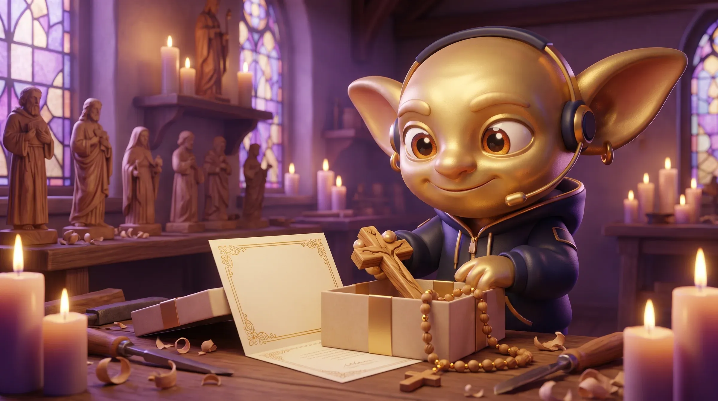 Ein Goblin in einer Kapellen-Werkstatt verpackt ein Olivenholzkreuz und einen Rosenkranz zusammen mit einem Zertifikat