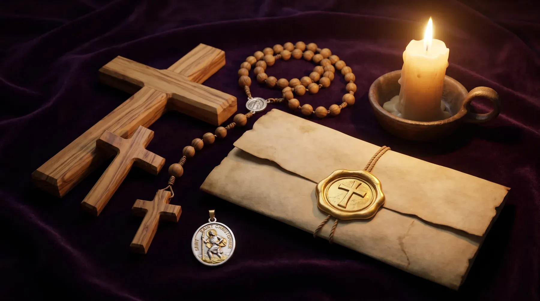 Olivenholzkreuze, Rosenkranz, Christophorus-Plakette und Zertifikat mit Siegel bei Kerzenlicht