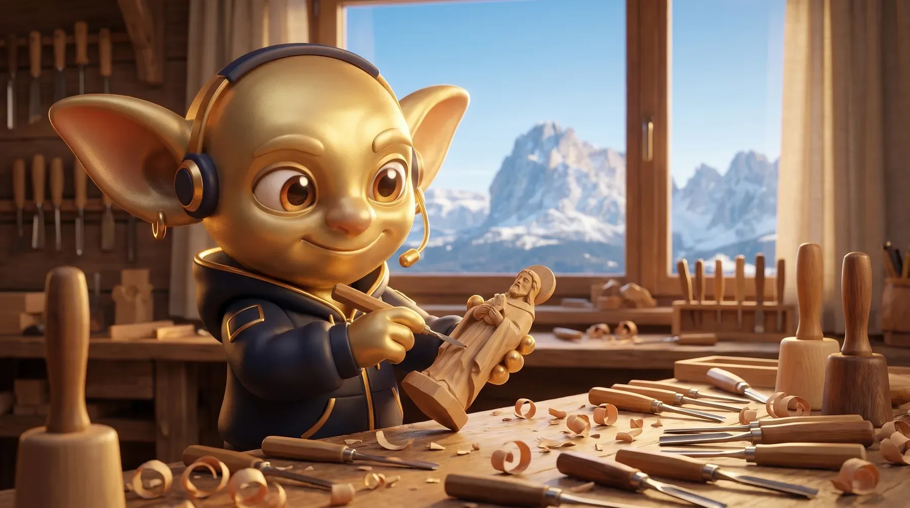 Ein Golden Goblin schnitzt in einer Werkstatt in den Alpen eine Heiligenfigur
