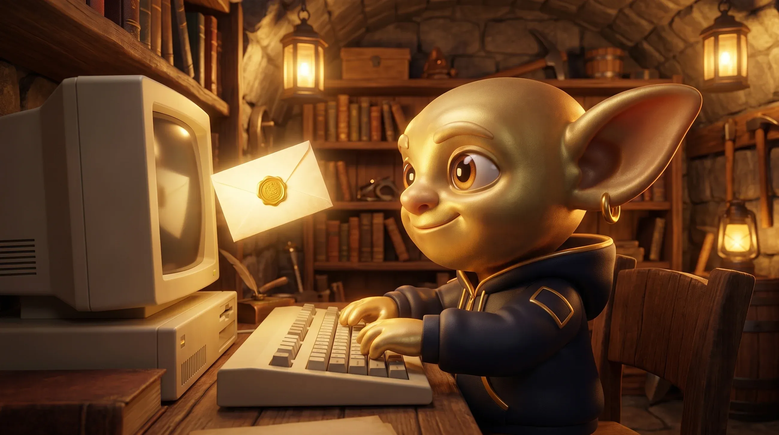 Ein Golden Goblin tippt an einem alten Computer eine E-Mail, ein Briefumschlag fliegt aus dem Bildschirm