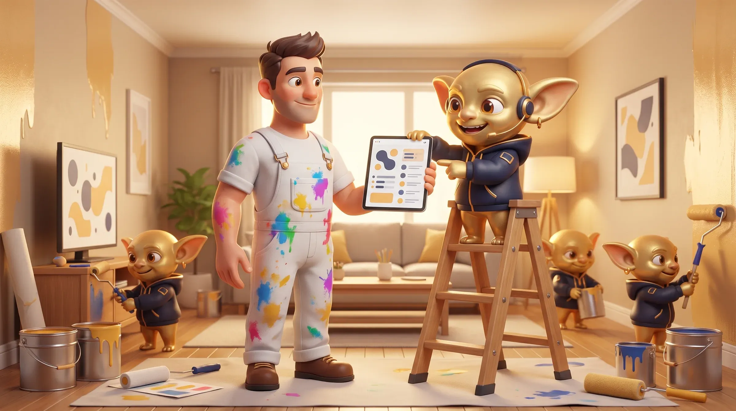 Ein Malermeister und ein Golden Goblin auf der Leiter schauen auf ein Angebot auf dem Tablet