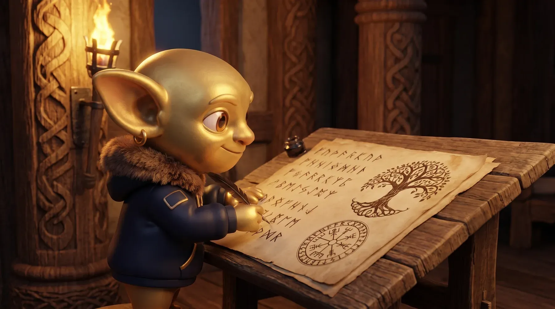 Ein Golden Goblin zeichnet Runen und den Weltenbaum Yggdrasil auf Pergament