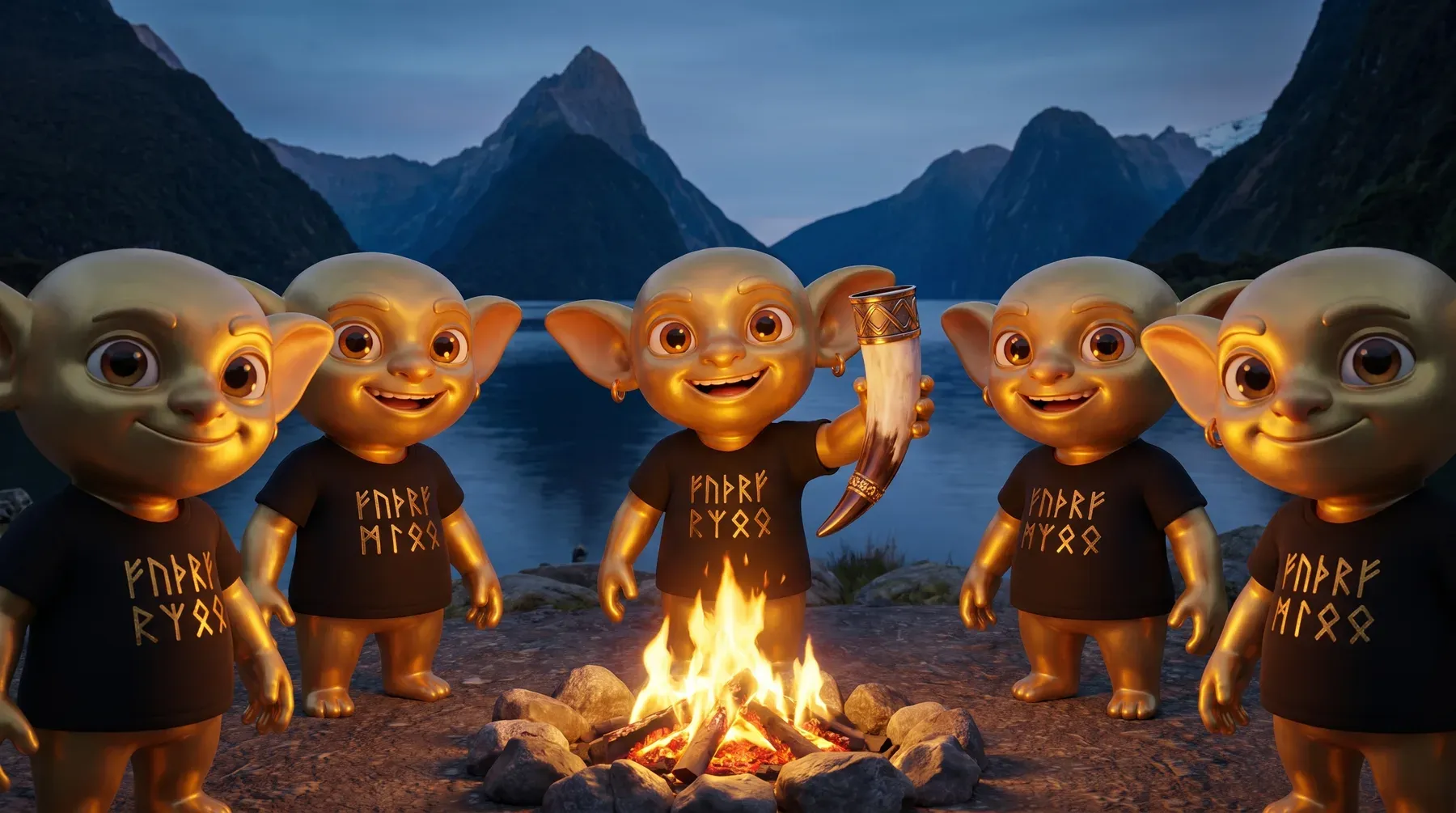 Golden Goblins in schwarzen Wikinger-Shirts posieren am Lagerfeuer am Fjord