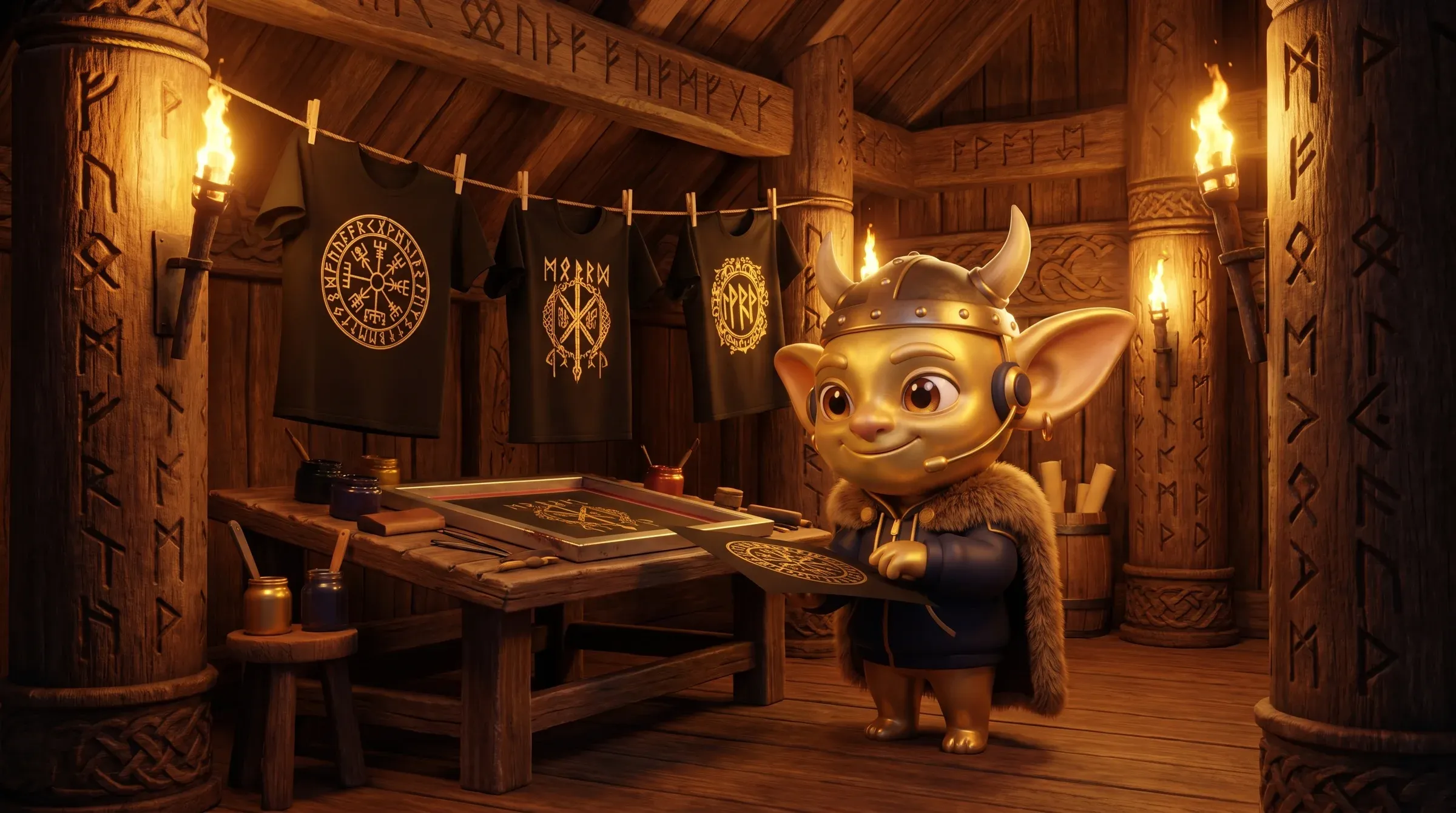 Ein Wikinger-Goblin in einer nordischen Druckwerkstatt hält schwarze Shirts mit goldenen Runen hoch
