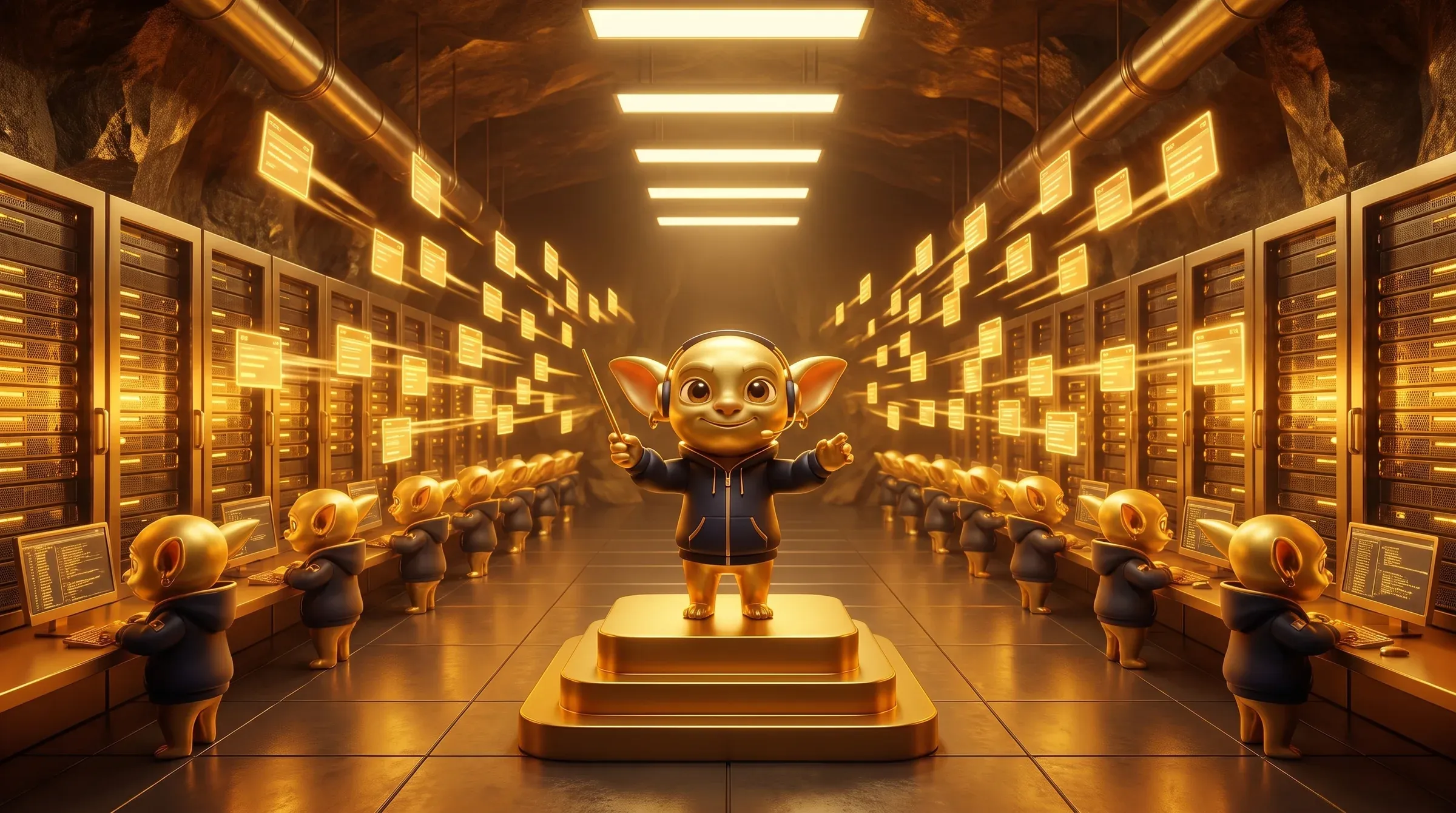 Ein Goblin-Dirigent verteilt in einem Server-Tresor goldene Aufgabenkarten an andere Goblins