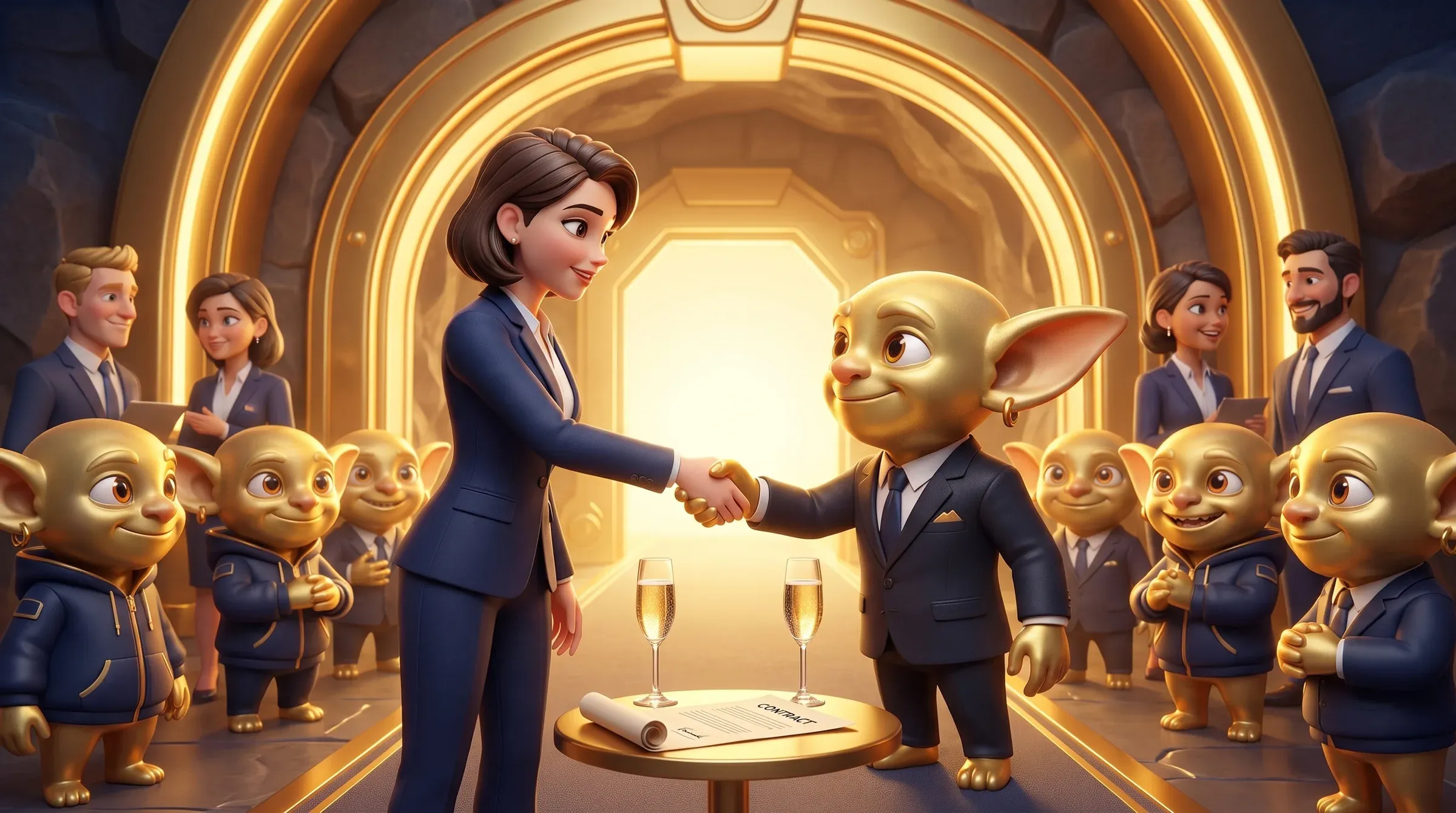 Ein Golden Goblin im Anzug schüttelt einer Geschäftsfrau am Mineneingang die Hand