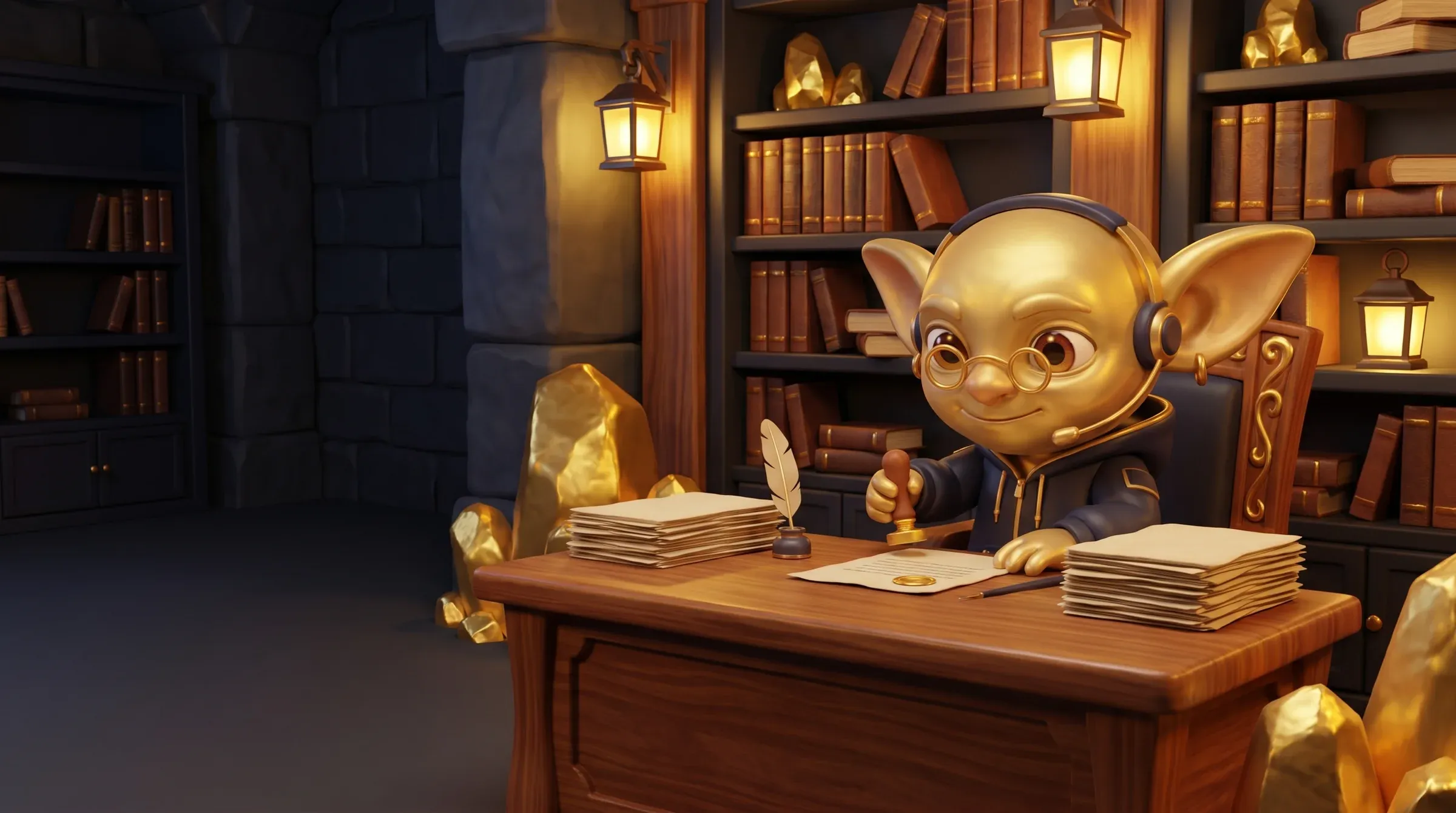 Ein Golden Goblin mit Brille stempelt in einer Bibliothek unter Tage ein Dokument mit einem goldenen Siegel