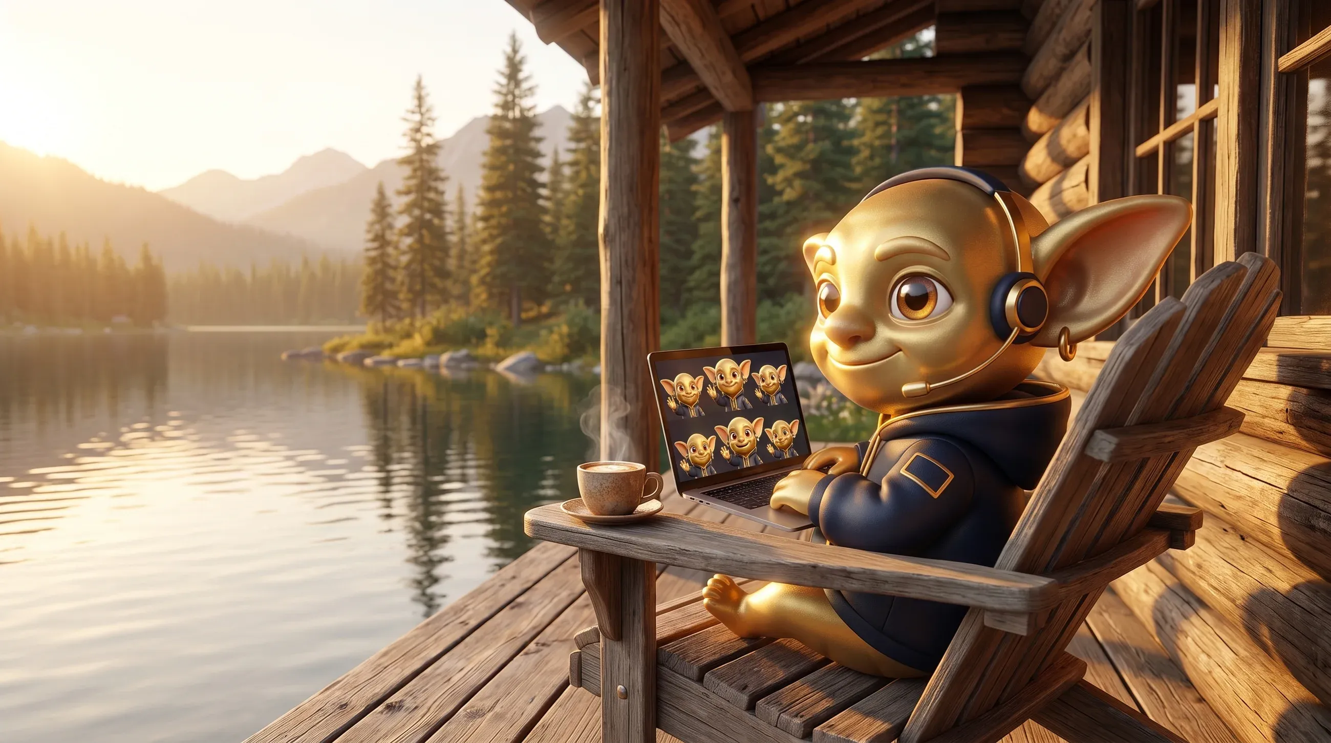 Ein Golden Goblin arbeitet mit Laptop auf der Veranda einer Hütte am See, im Videocall winken andere Goblins