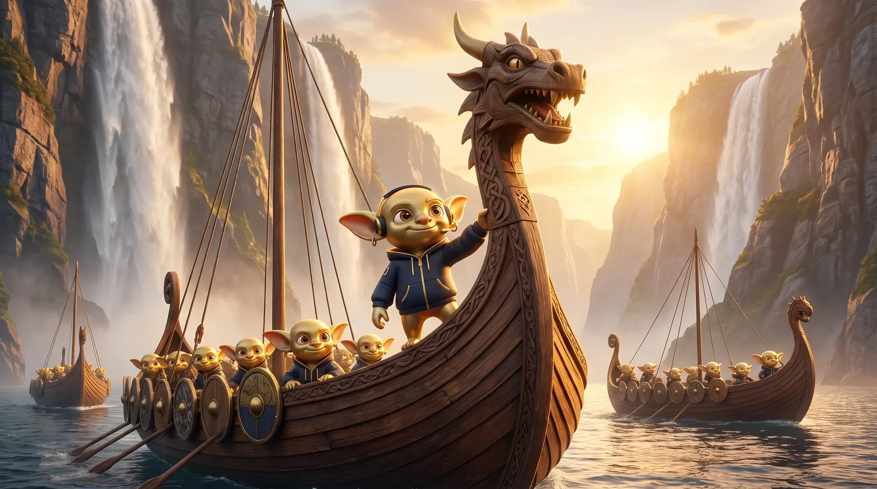 Langschiffe und ein Drachenboot segeln durch einen Fjord, ein Goblin-Kapitän steht am Bug