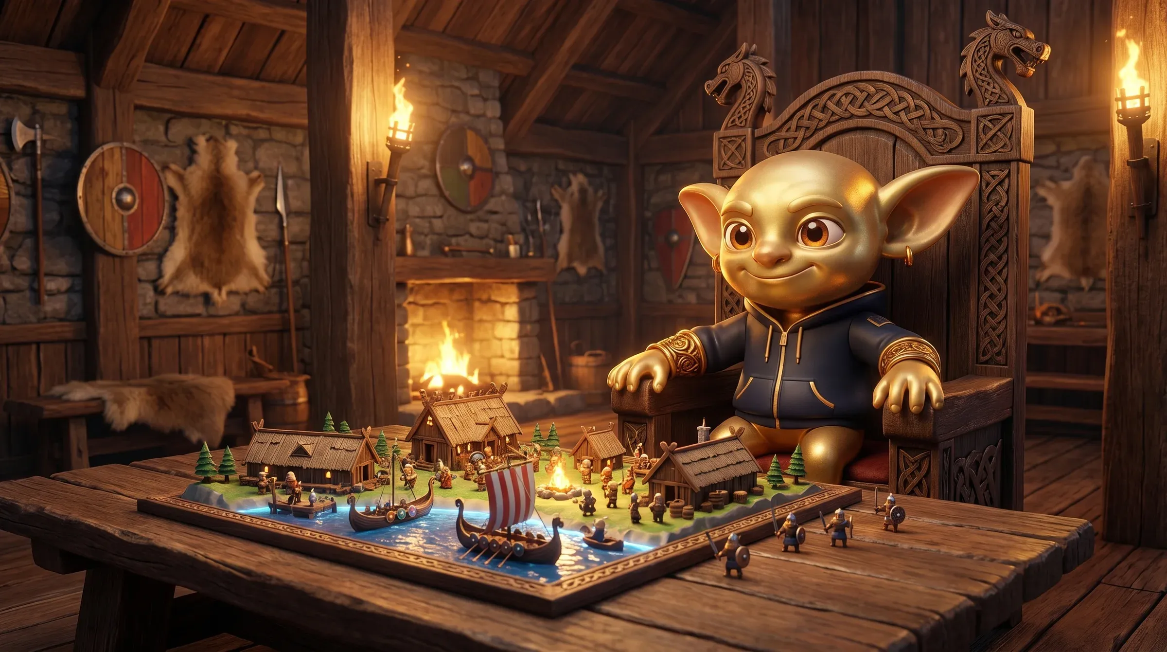 Ein Goblin-Jarl sitzt auf einem Thron vor einem lebendigen Miniatur-Wikingerdorf