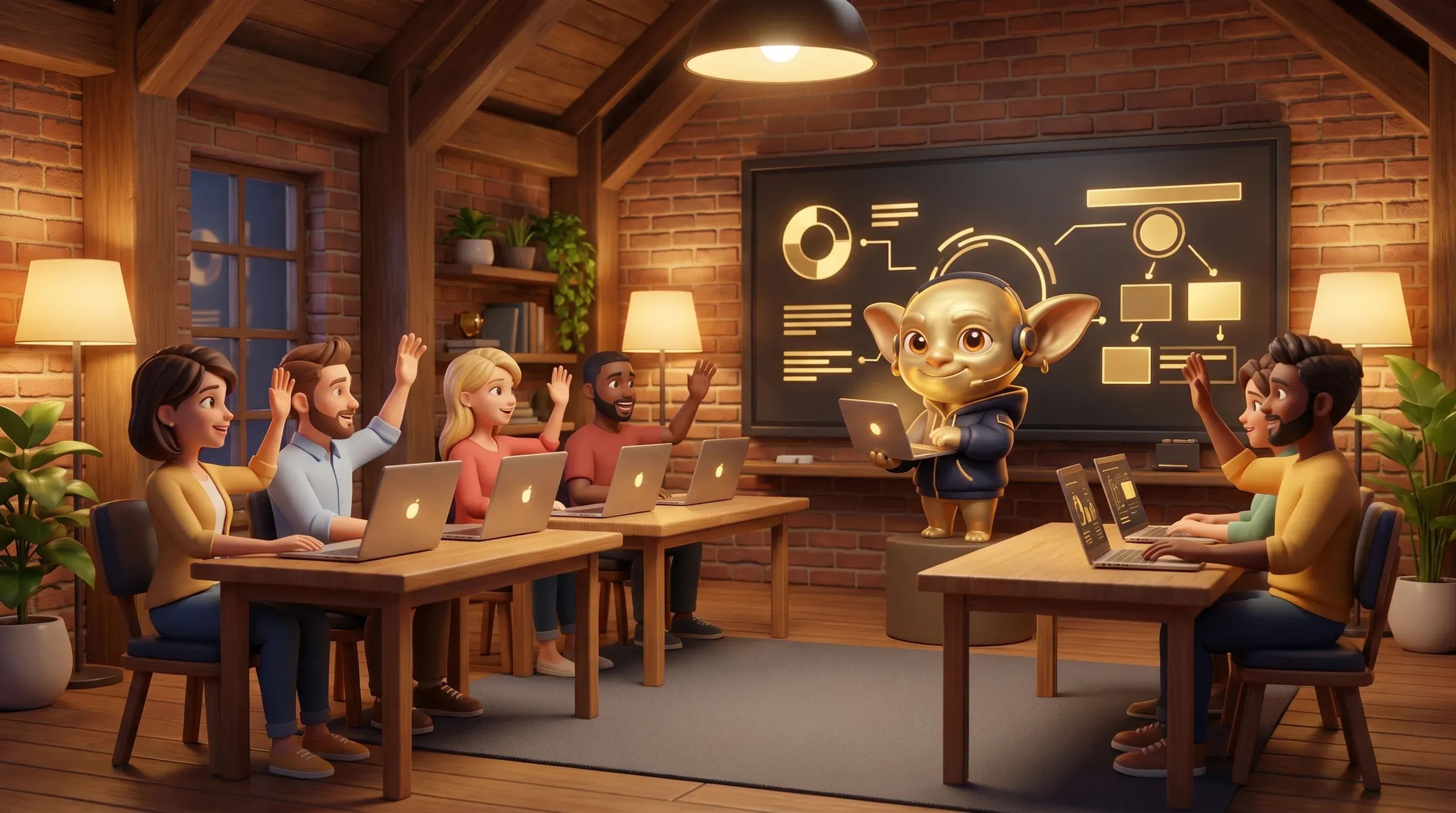 Ein Golden Goblin schult eine kleine Gruppe von Mitarbeitenden an Laptops