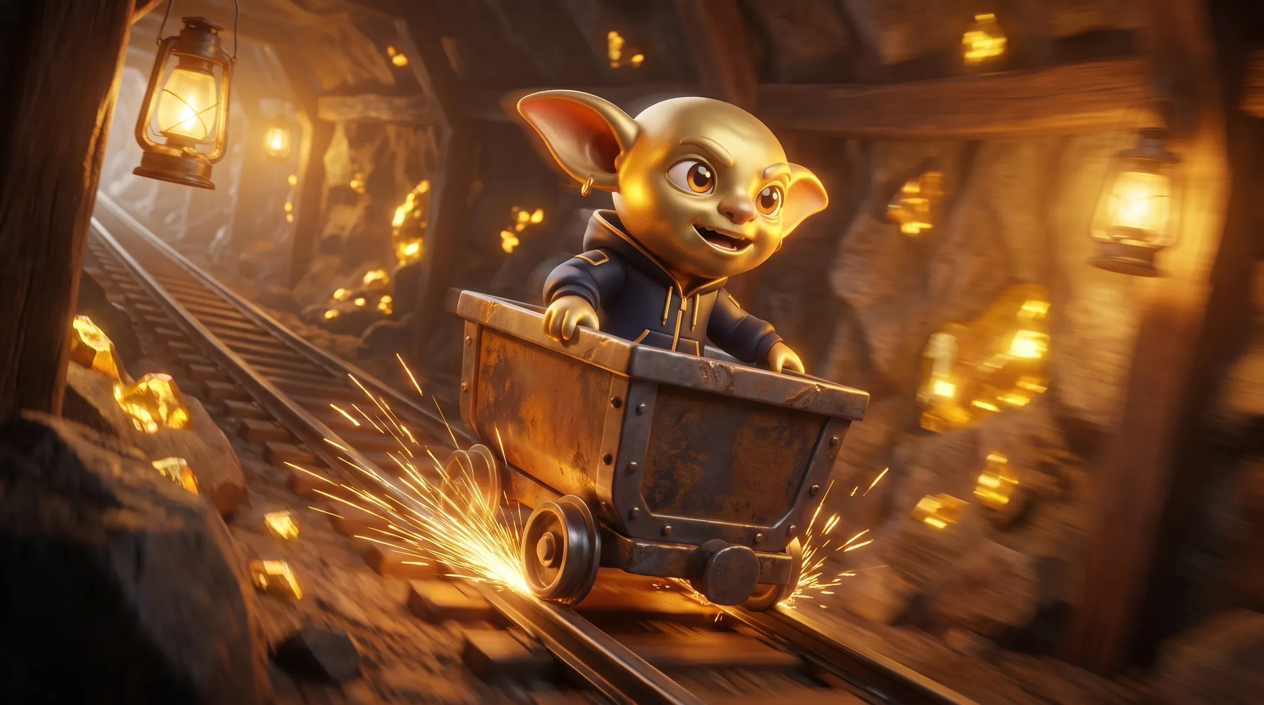Ein Golden Goblin rast in einer Lore durch einen leuchtenden Stollen