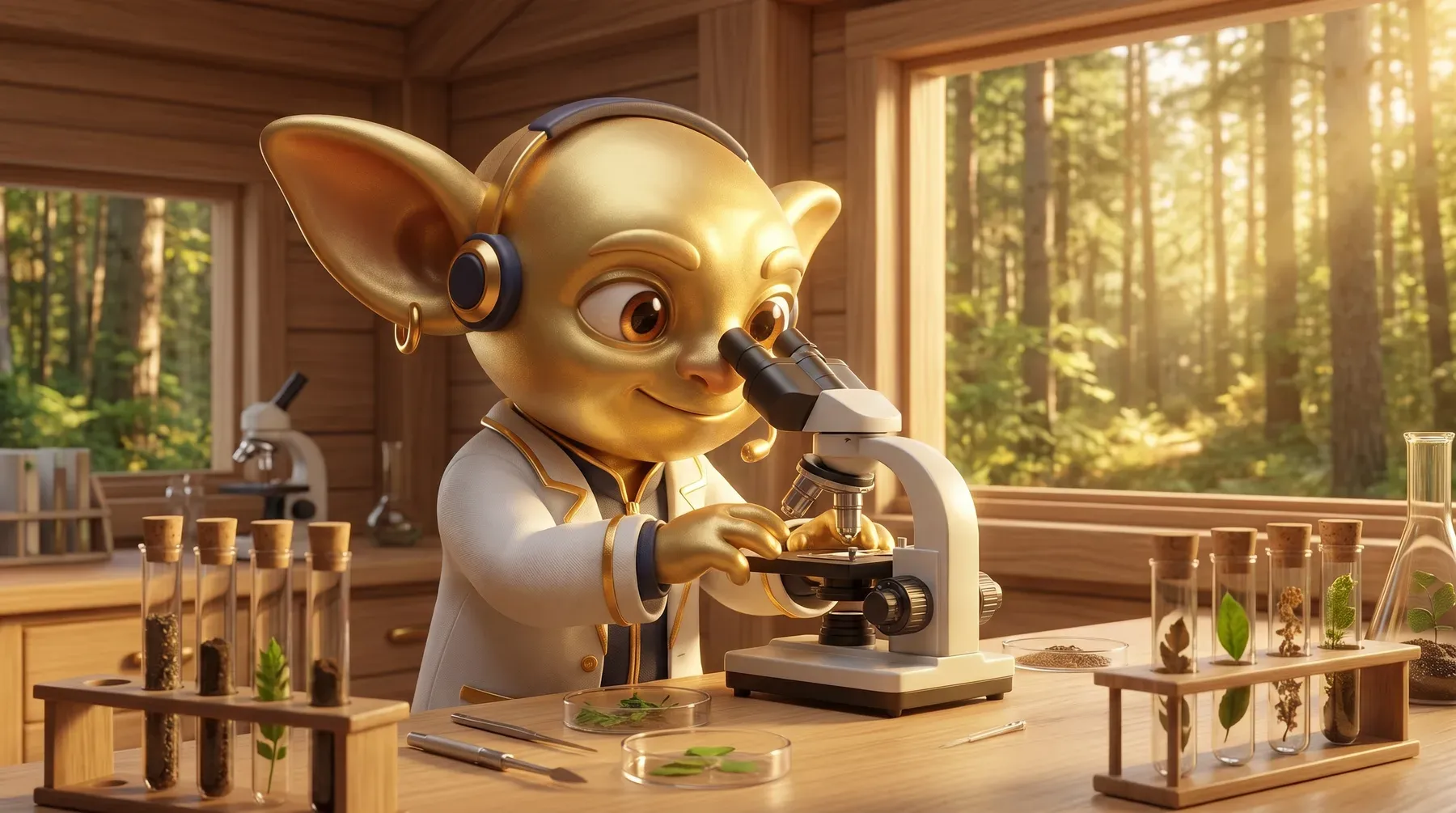 Ein Golden Goblin im Laborkittel untersucht Proben unter dem Mikroskop