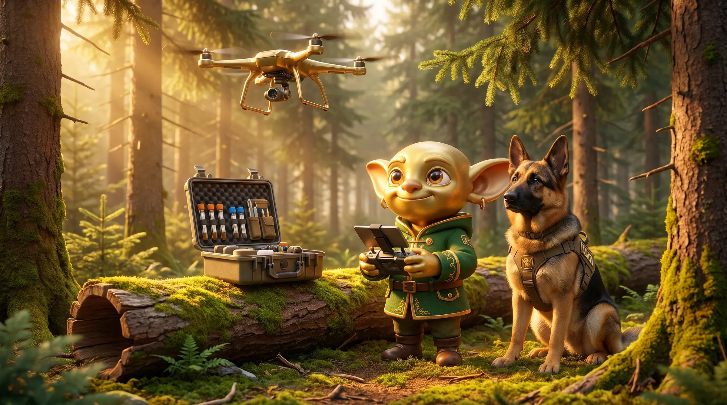 Ein Goblin-Drohnenpilot steht auf einer Waldlichtung, über den Fichten fliegt eine Drohne, daneben ein Spürhund und ein Probenkoffer