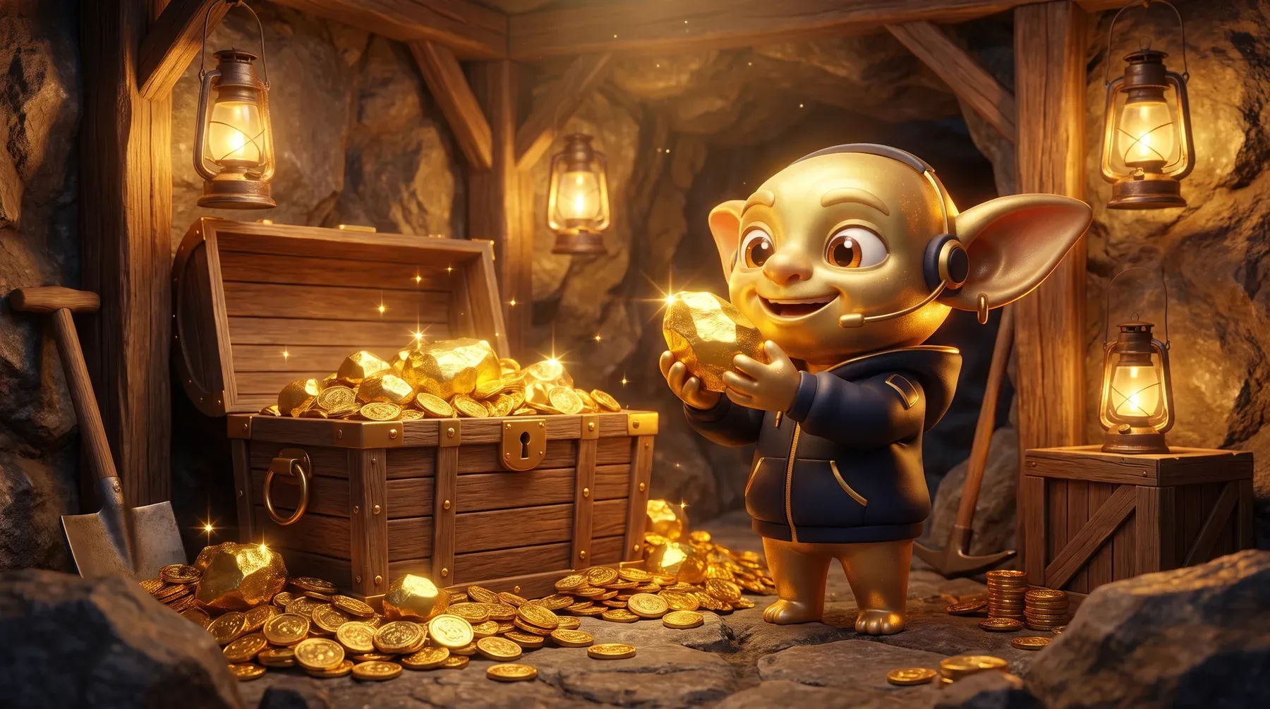 Ein Golden Goblin hält ein Goldnugget neben einer überquellenden Schatztruhe