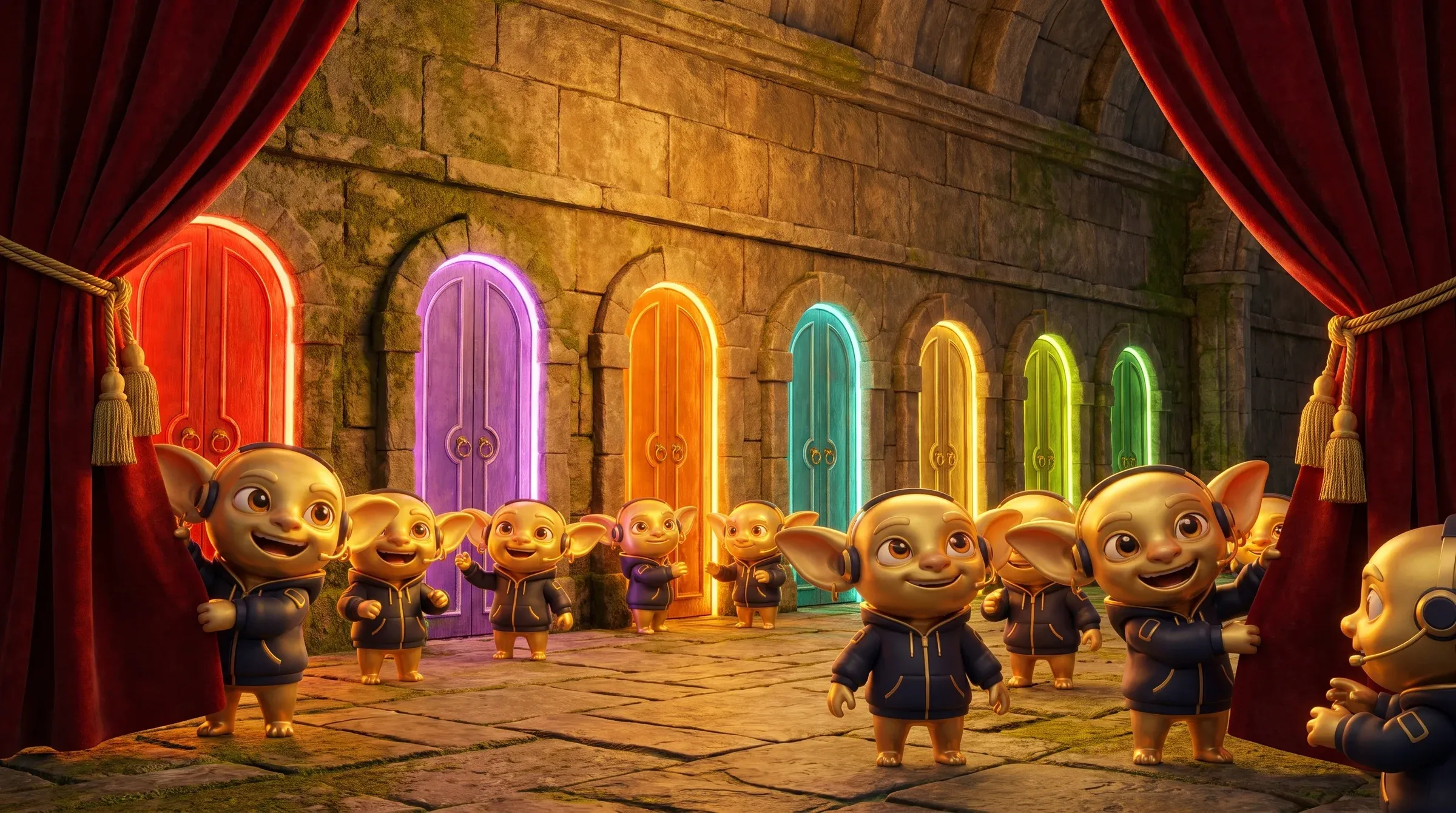 Goblins enthüllen eine Wand mit sieben farbigen Türen