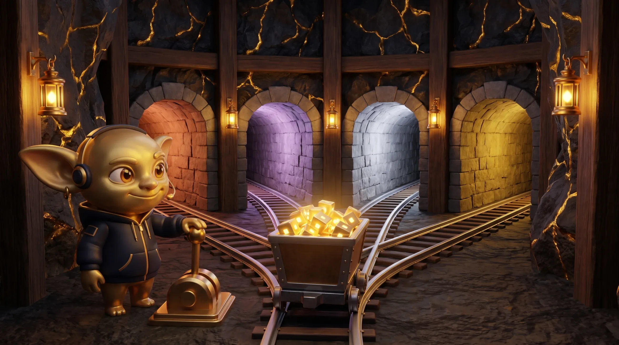 Ein Golden Goblin stellt an einer Gleisweiche die Richtung für eine Lore mit Datenwürfeln