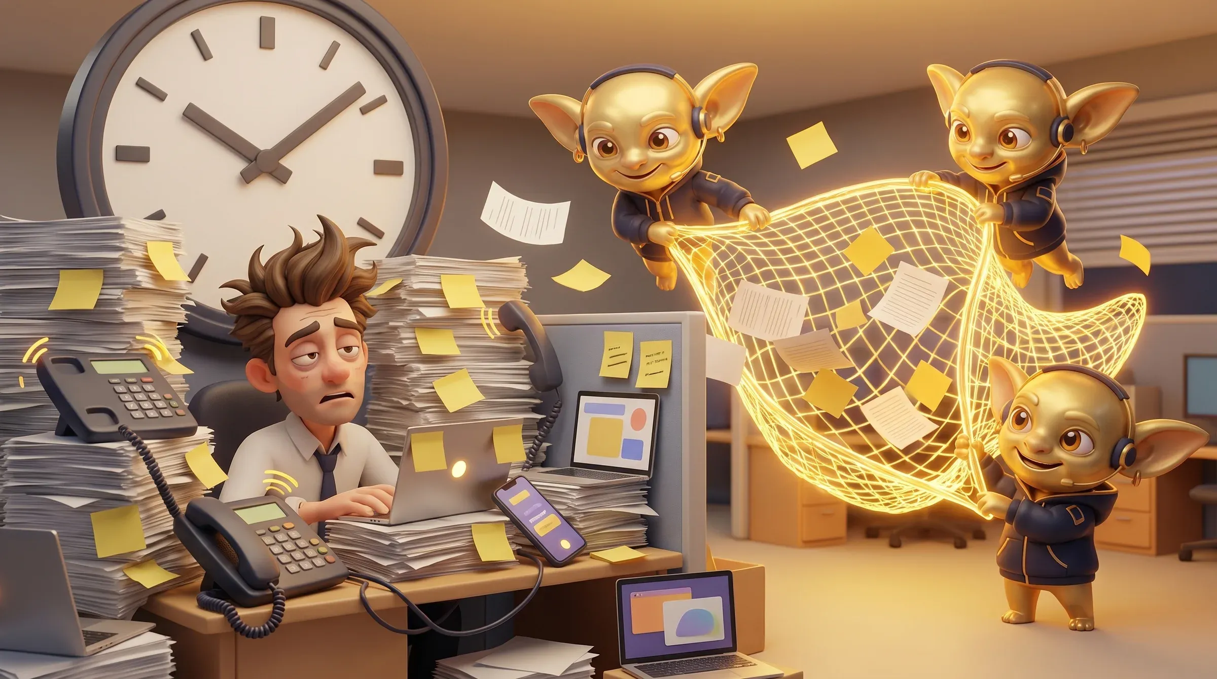 Drei Golden Goblins fangen mit einem goldenen Netz die Papierflut eines gestressten Büromitarbeiters ein